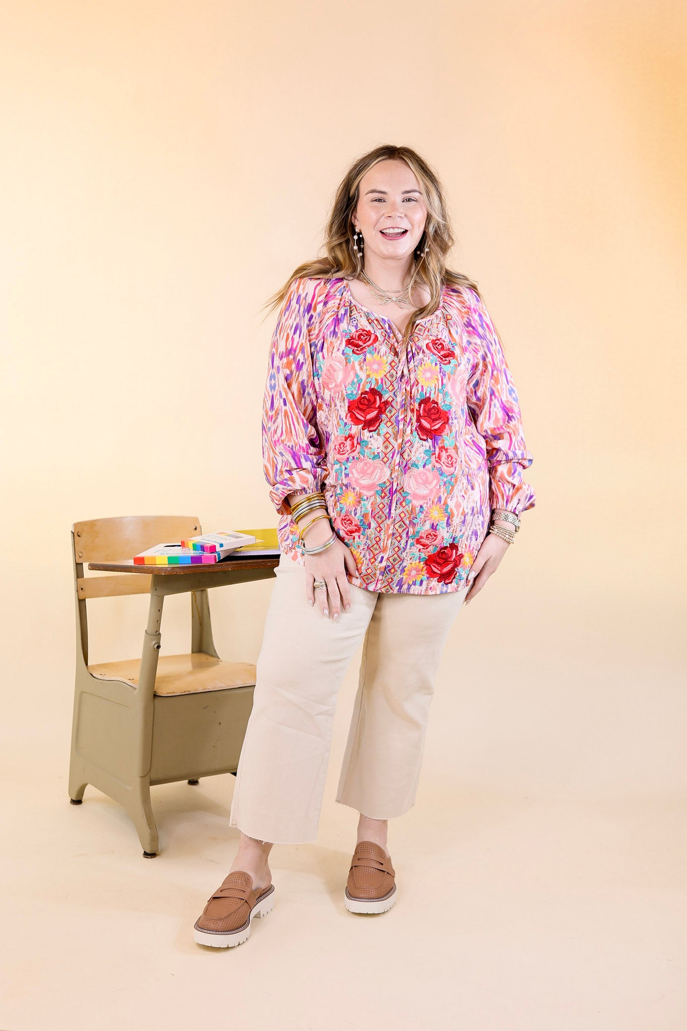 Chic Enchantment Long Sleeve Multi Color Top with Floral Embroidery