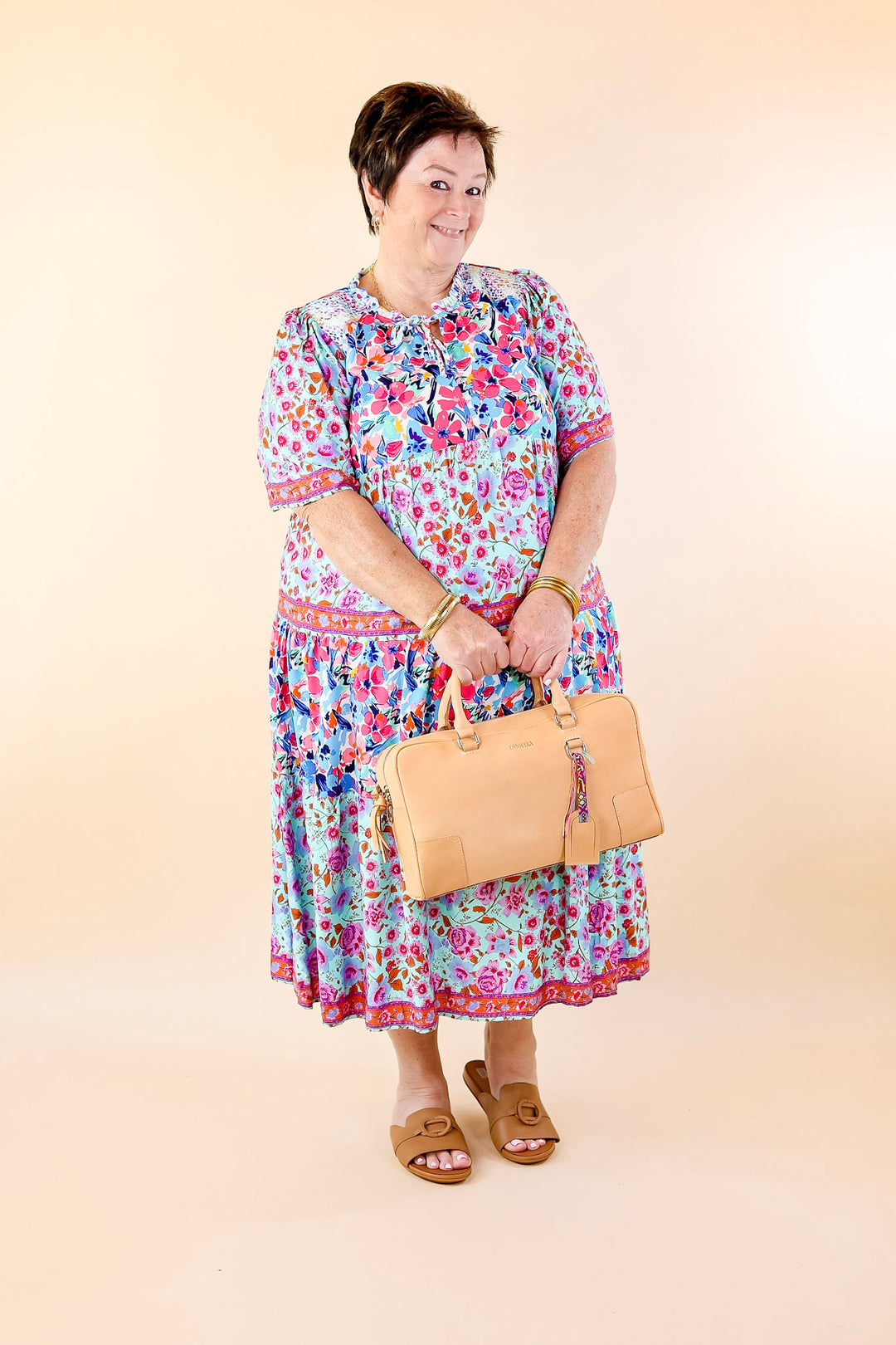 Tulip Fields Floral Tiered Midi Dress in Mint Green Mix - Giddy Up Glamour Boutique