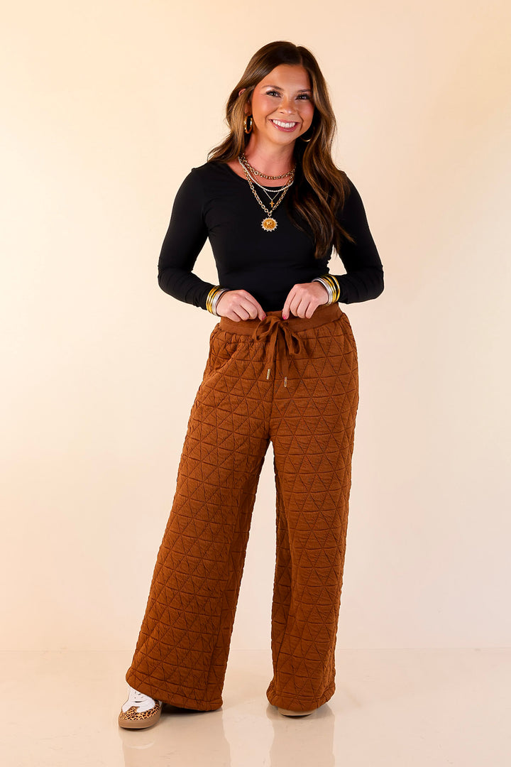 Everyday Elevated Quilted Wide Leg Drawstring Pants with Elastic Waistband in Rust Brown