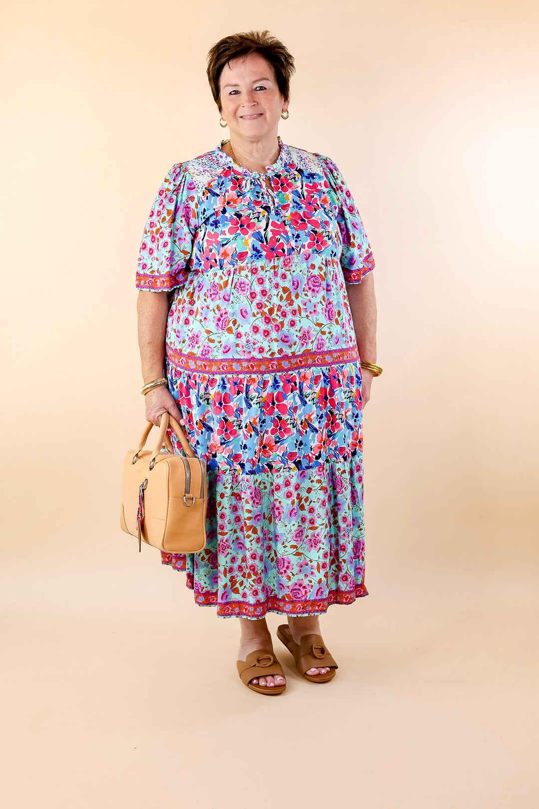 Tulip Fields Floral Tiered Midi Dress in Mint Green Mix - Giddy Up Glamour Boutique