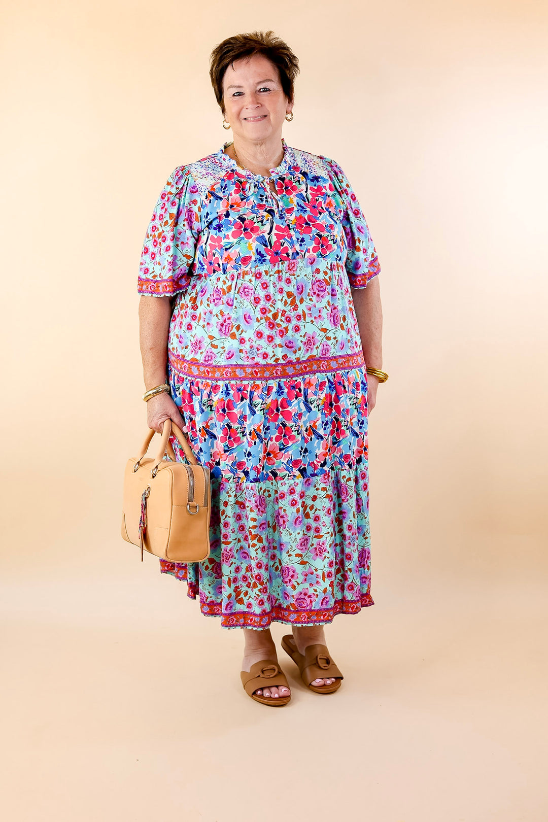 Tulip Fields Floral Tiered Midi Dress in Mint Green Mix - Giddy Up Glamour Boutique