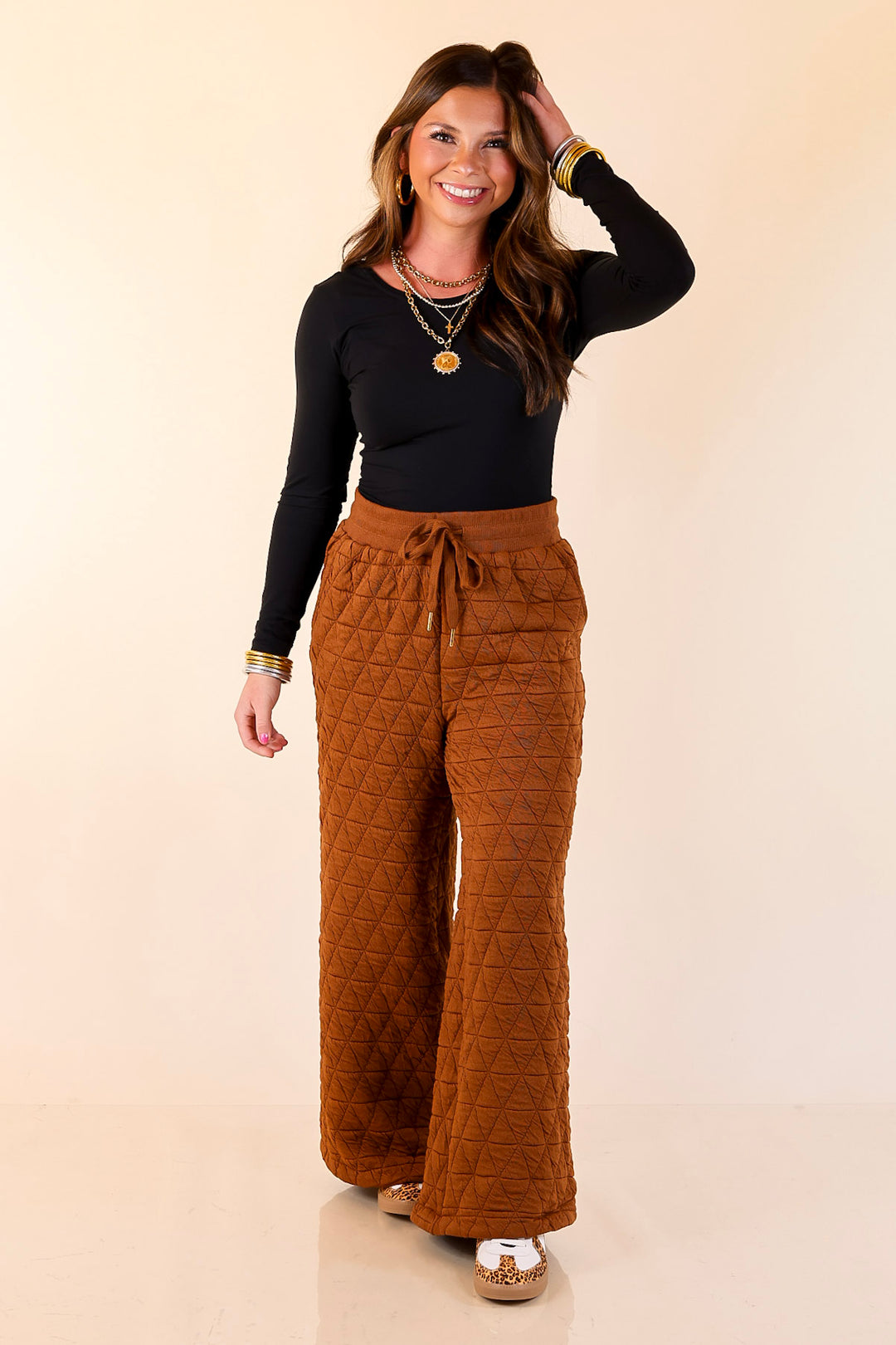 Everyday Elevated Quilted Wide Leg Drawstring Pants with Elastic Waistband in Rust Brown