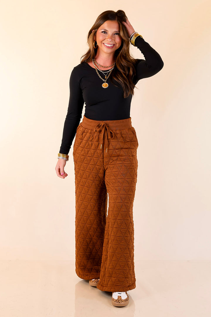 Everyday Elevated Quilted Wide Leg Drawstring Pants with Elastic Waistband in Rust Brown