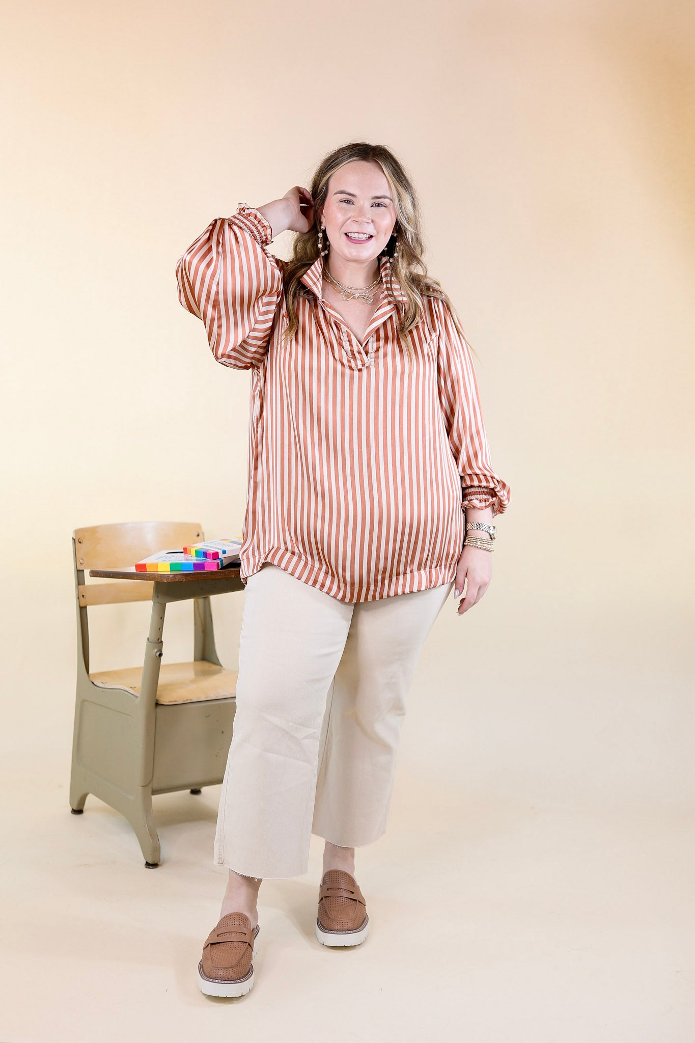 Back To Classic Long Sleeve Striped Top in Dusty Coral Orange