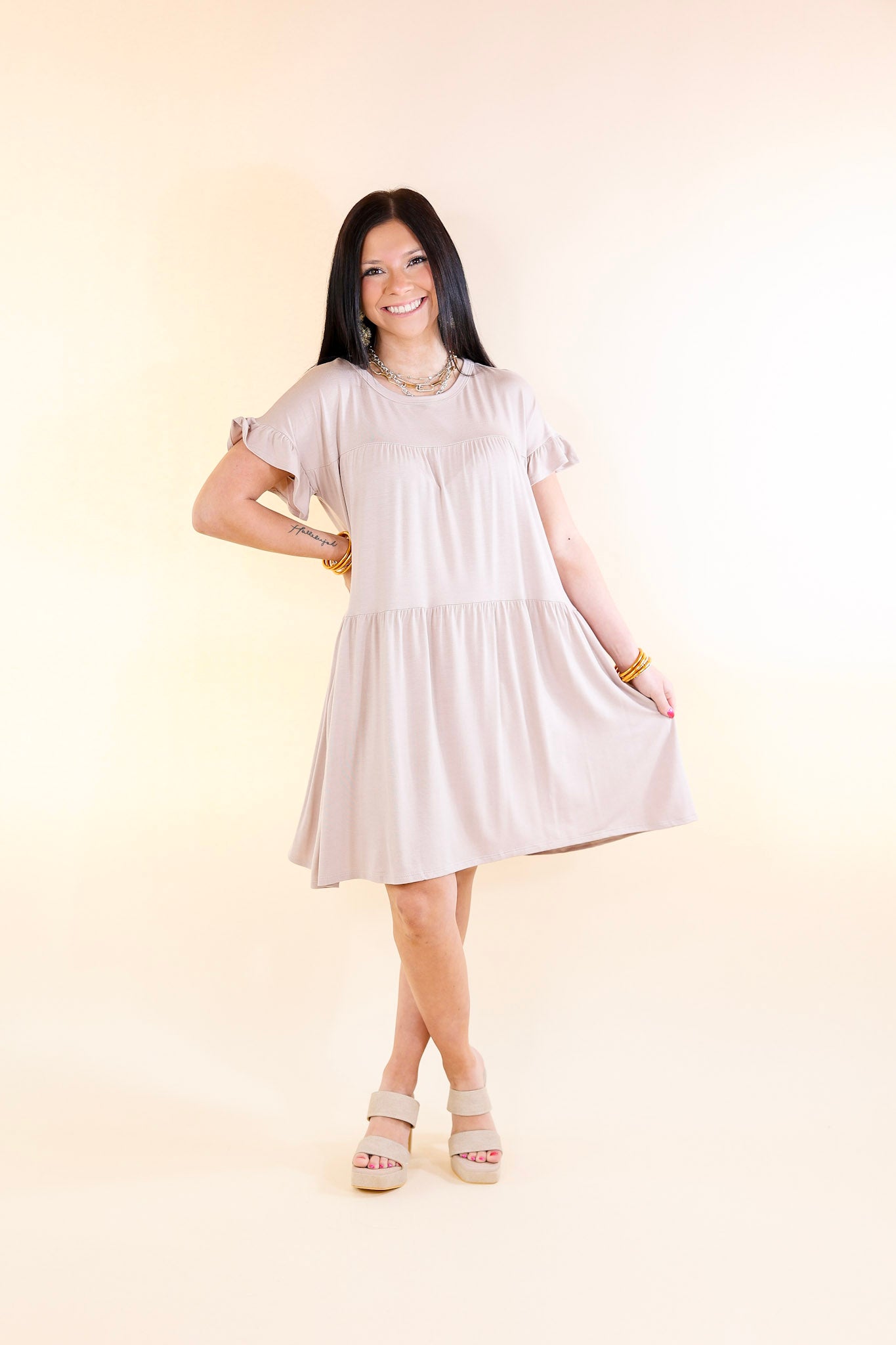 Gorgeous Girly Ruffle Sleeve Tiered Dress in Taupe