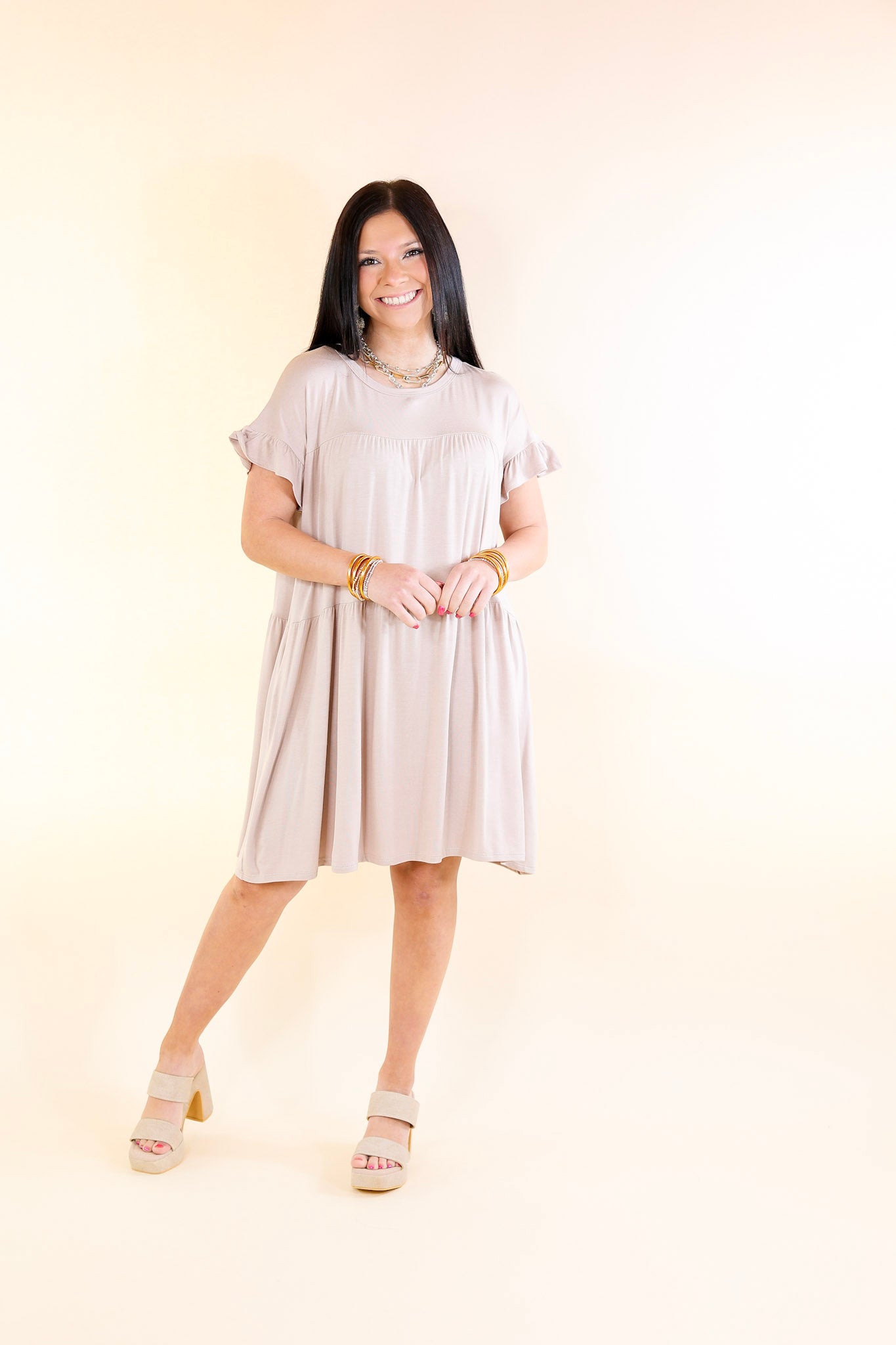 Gorgeous Girly Ruffle Sleeve Tiered Dress in Taupe