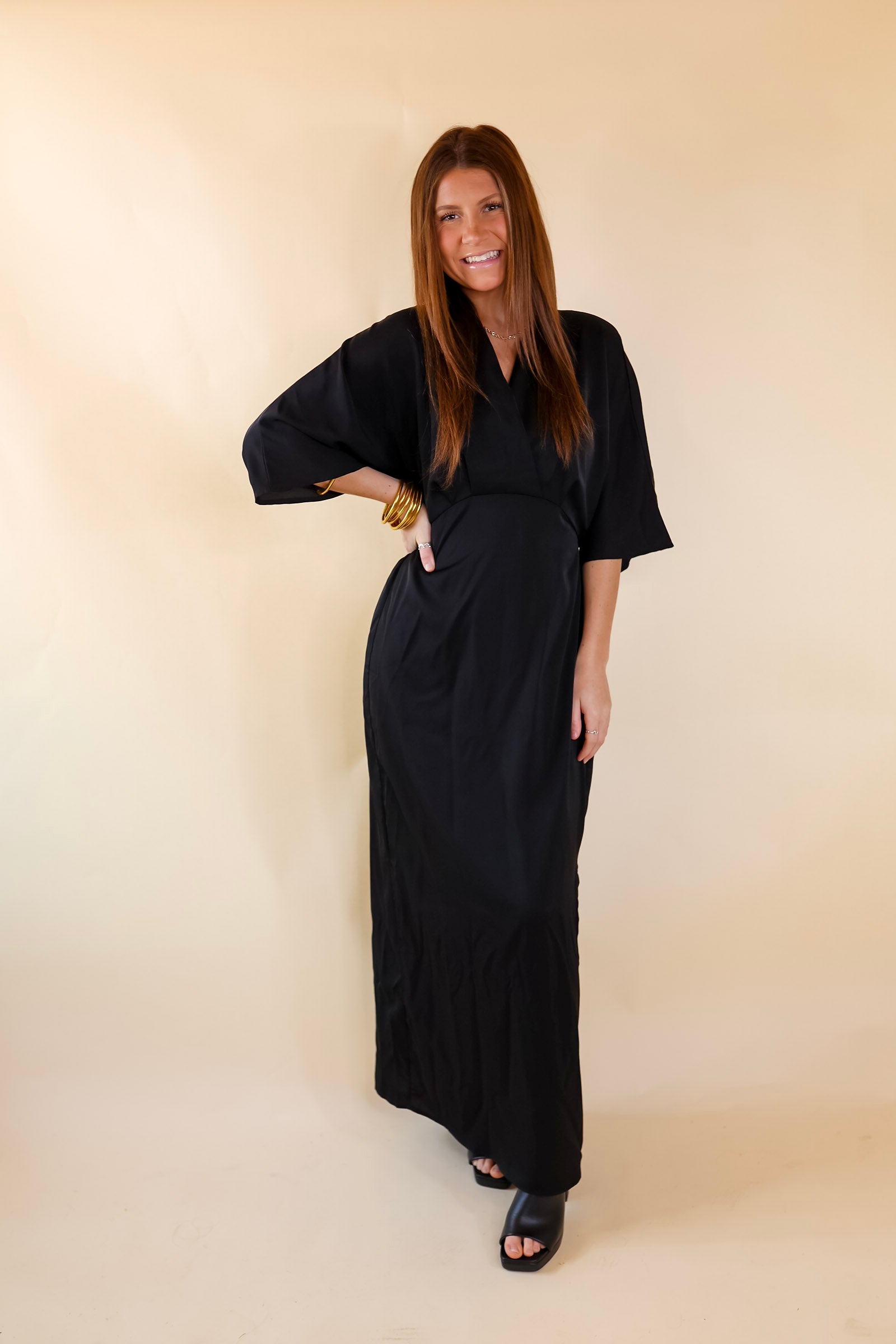 Like Royalty Maxi Dress With a Cross Front and Slit in Black - Giddy Up Glamour Boutique