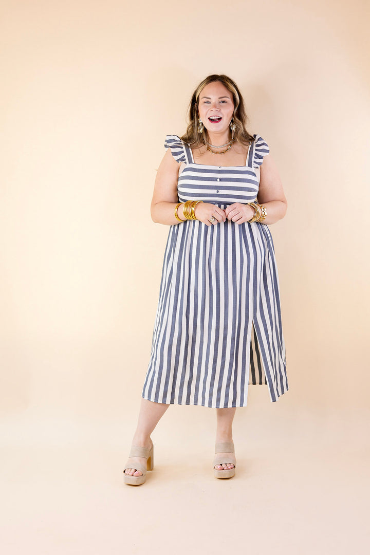 Beach Dreamin Pinstripe Dress in Dark Blue and White - Giddy Up Glamour Boutique