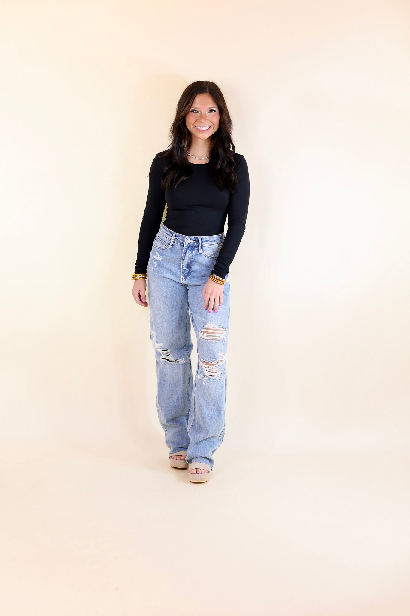 Judy Blue | Retro Remix Destroy Knee 90's Straight Leg Jeans in Medium Wash