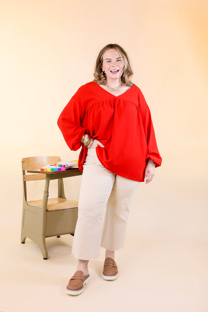 Last Chance Size 2XL | Office Feels Long Sleeve V Neck Babydoll Top in Red