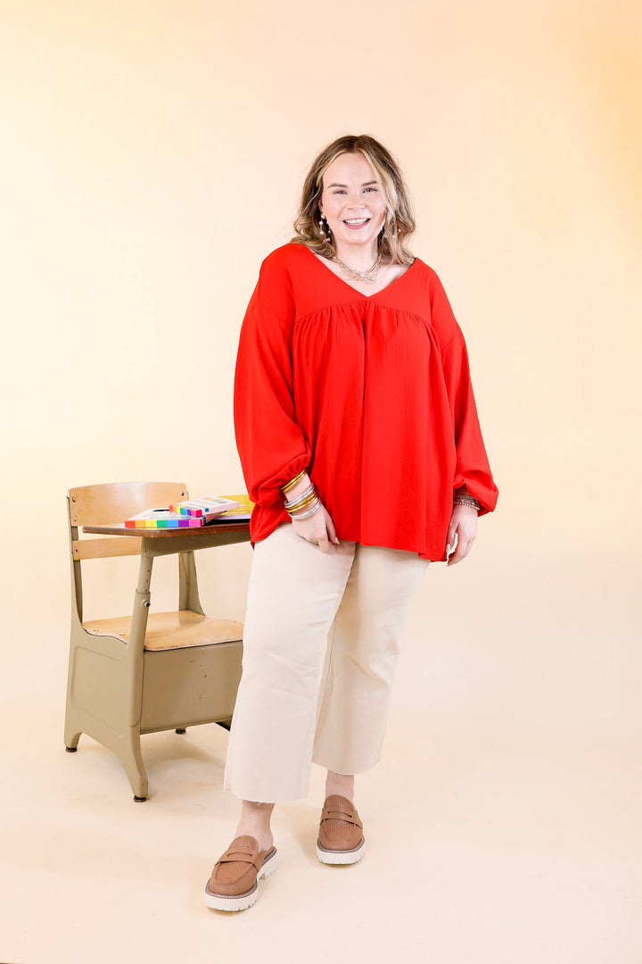 Last Chance Size 2XL | Office Feels Long Sleeve V Neck Babydoll Top in Red