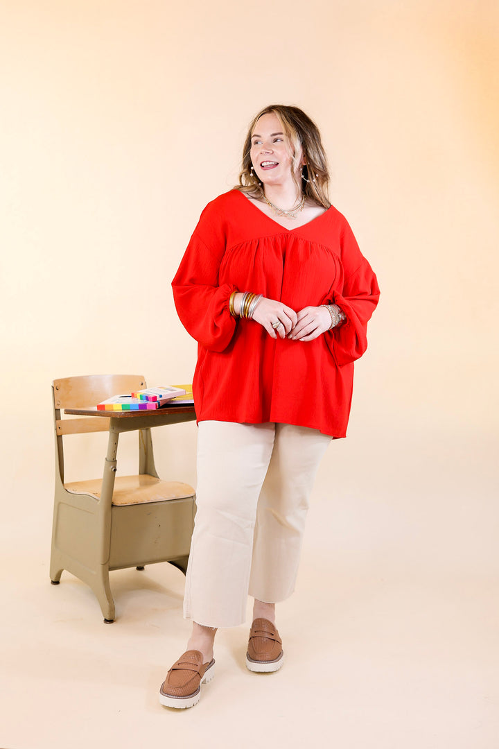 Last Chance Size 2XL | Office Feels Long Sleeve V Neck Babydoll Top in Red