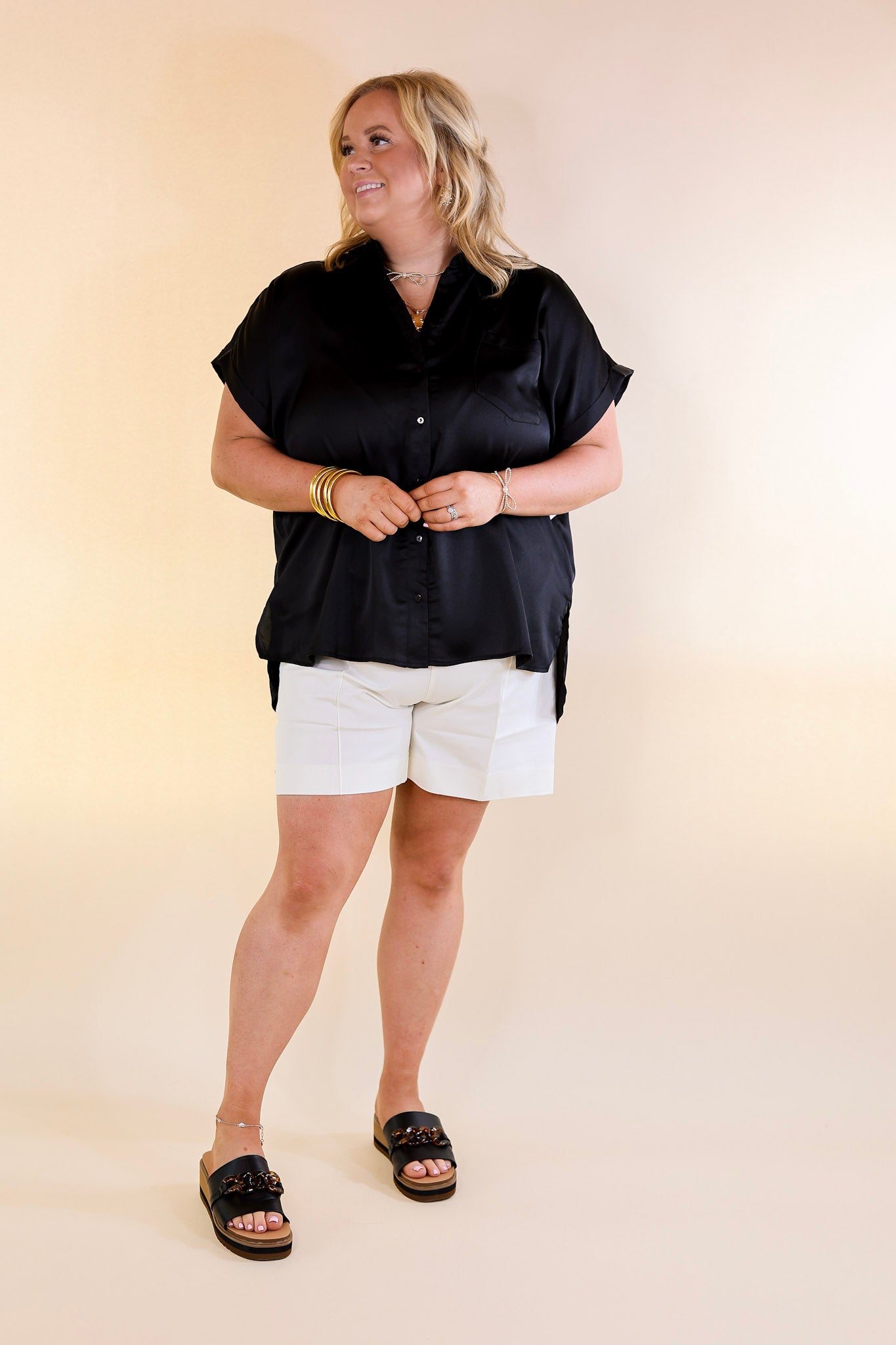 Free To Be Fab Button Up Short Sleeve Top in Black