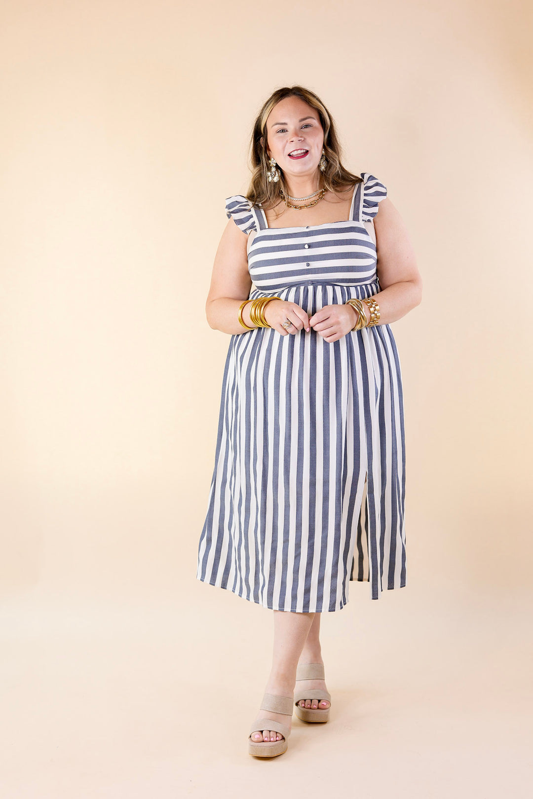 Pinstripe Dress in Dark Blue and White – Giddy Up Glamour Boutique