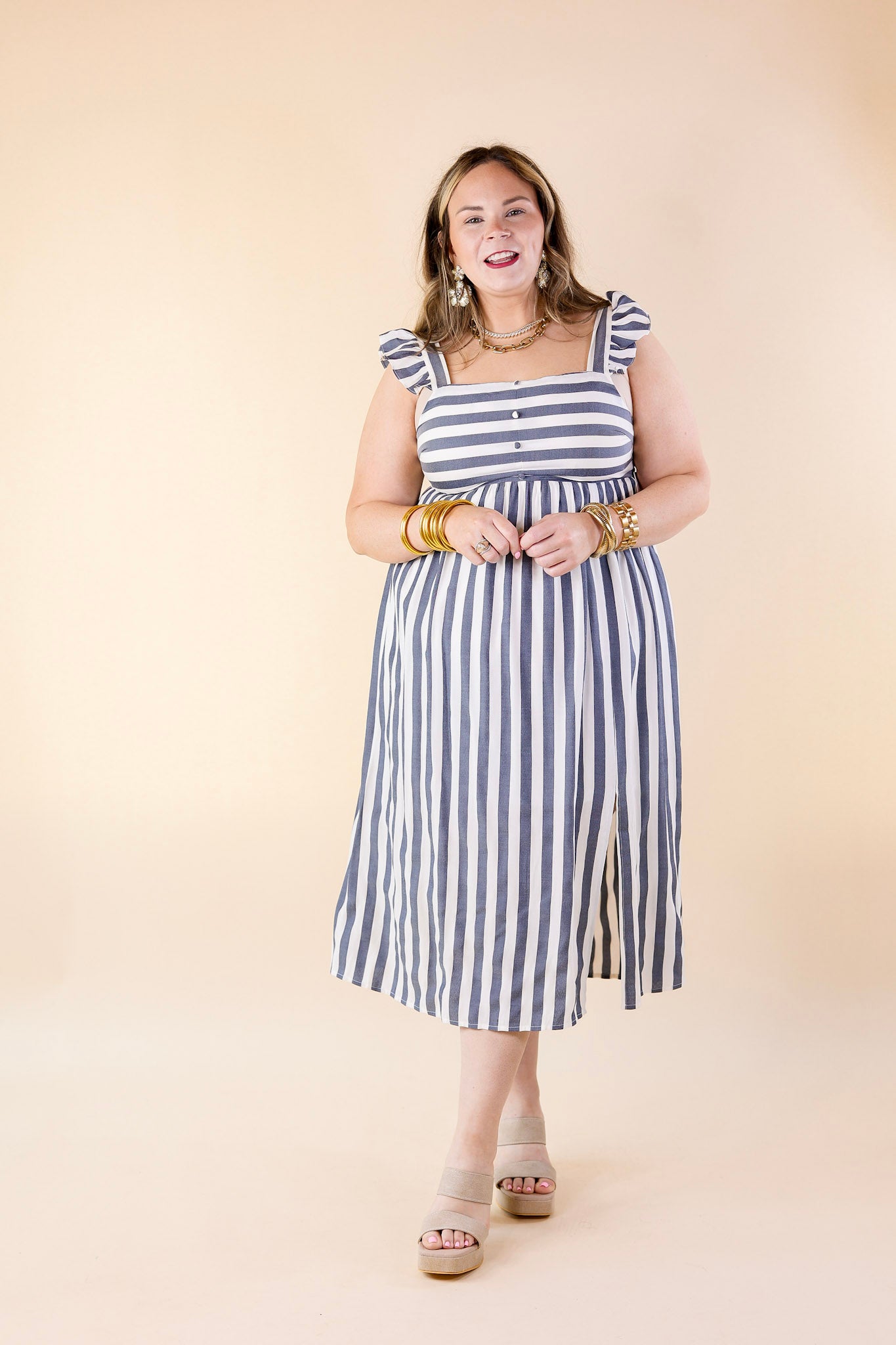 Beach Dreamin Pinstripe Dress in Dark Blue and White - Giddy Up Glamour Boutique