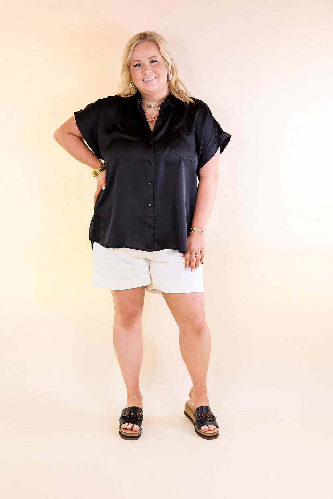 Free To Be Fab Button Up Short Sleeve Top in Black