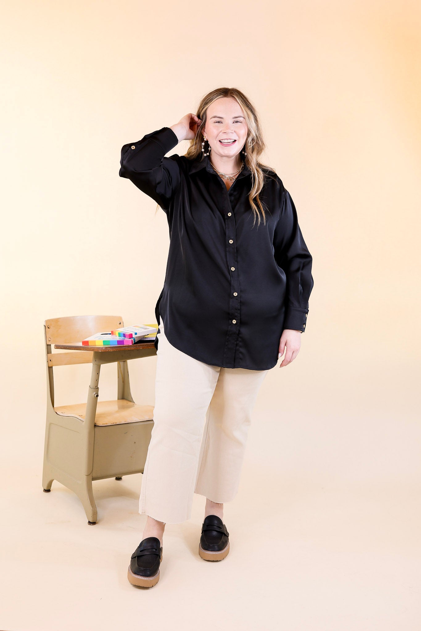 Tell Me Something Good Long Sleeve Button Up Top in Black