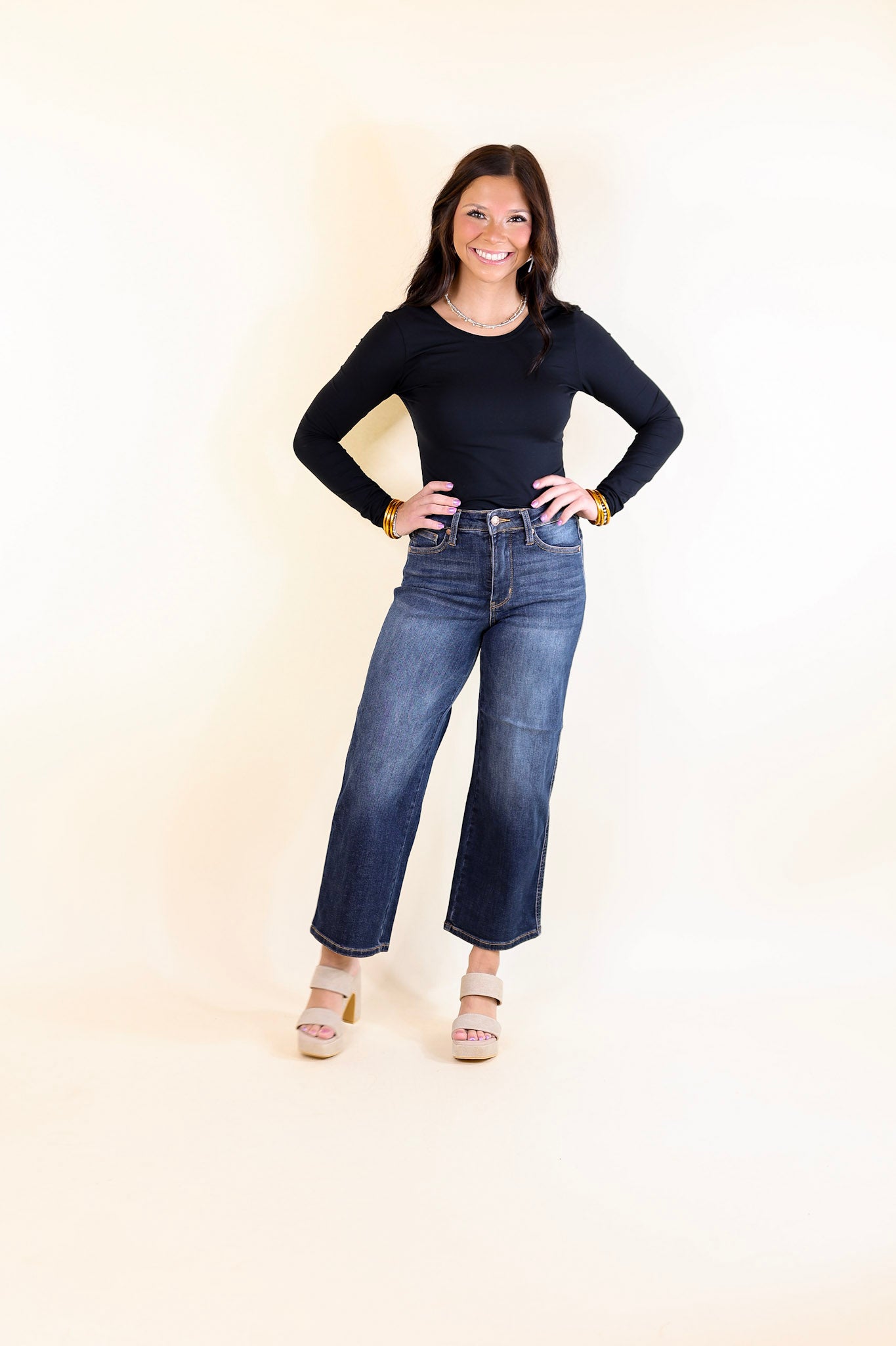 Judy Blue | Sleek Statement Tummy Control Cropped Wide Leg Jean in Dark Wash