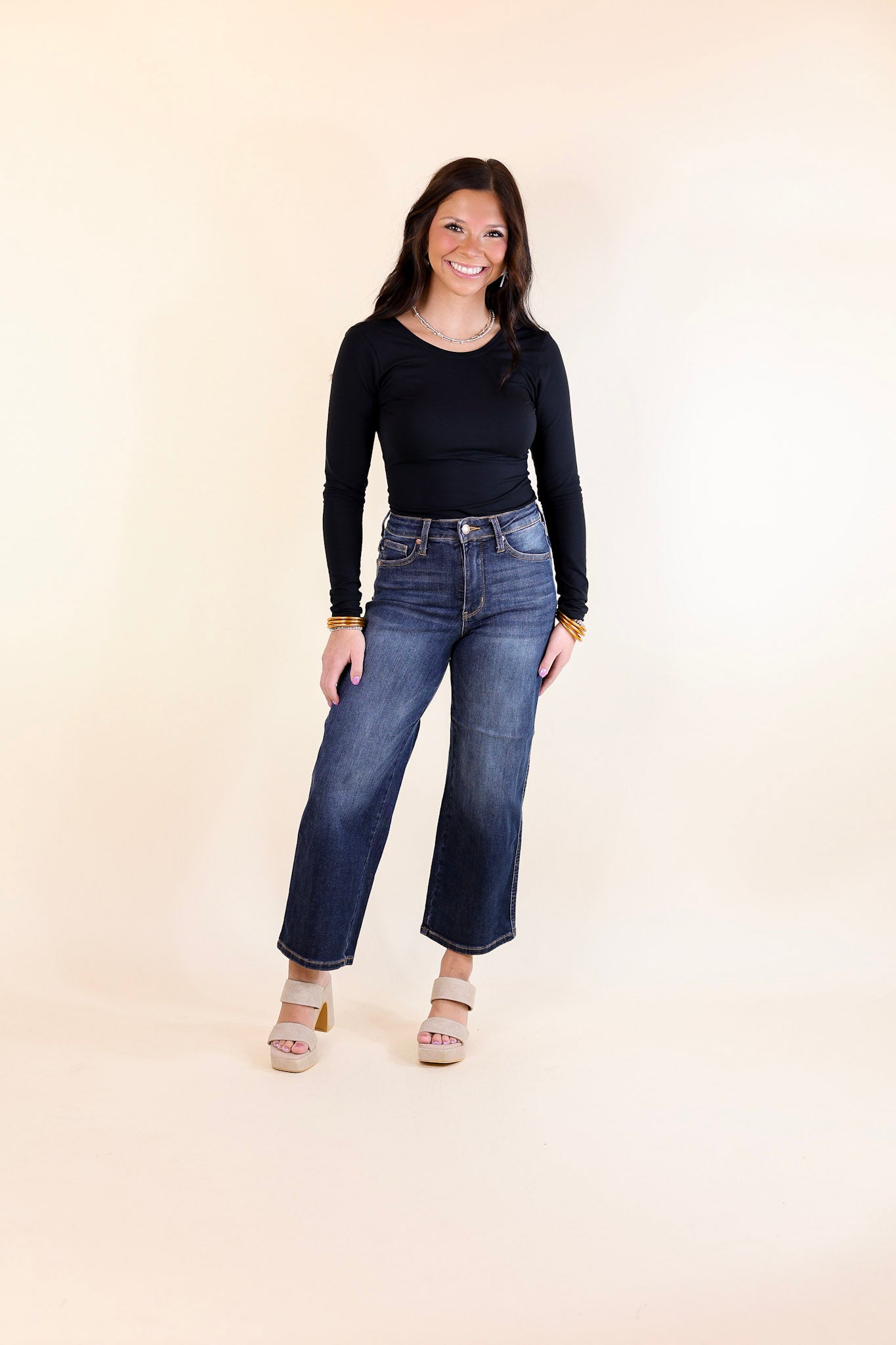 Judy Blue | Sleek Statement Tummy Control Cropped Wide Leg Jean in Dark Wash