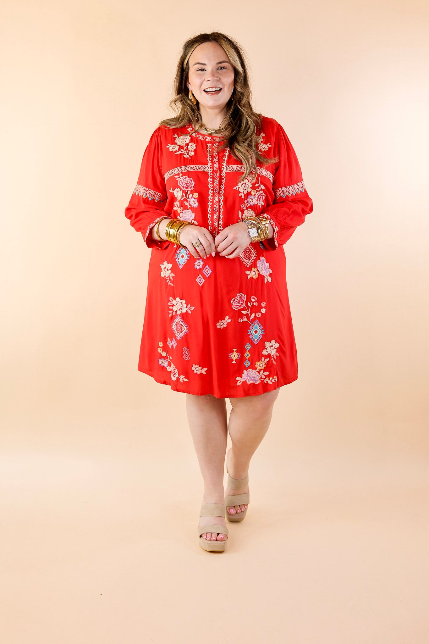 Chasing Sunshine Half Button Embroidered Dress with Half Sleeves in Red - Giddy Up Glamour Boutique