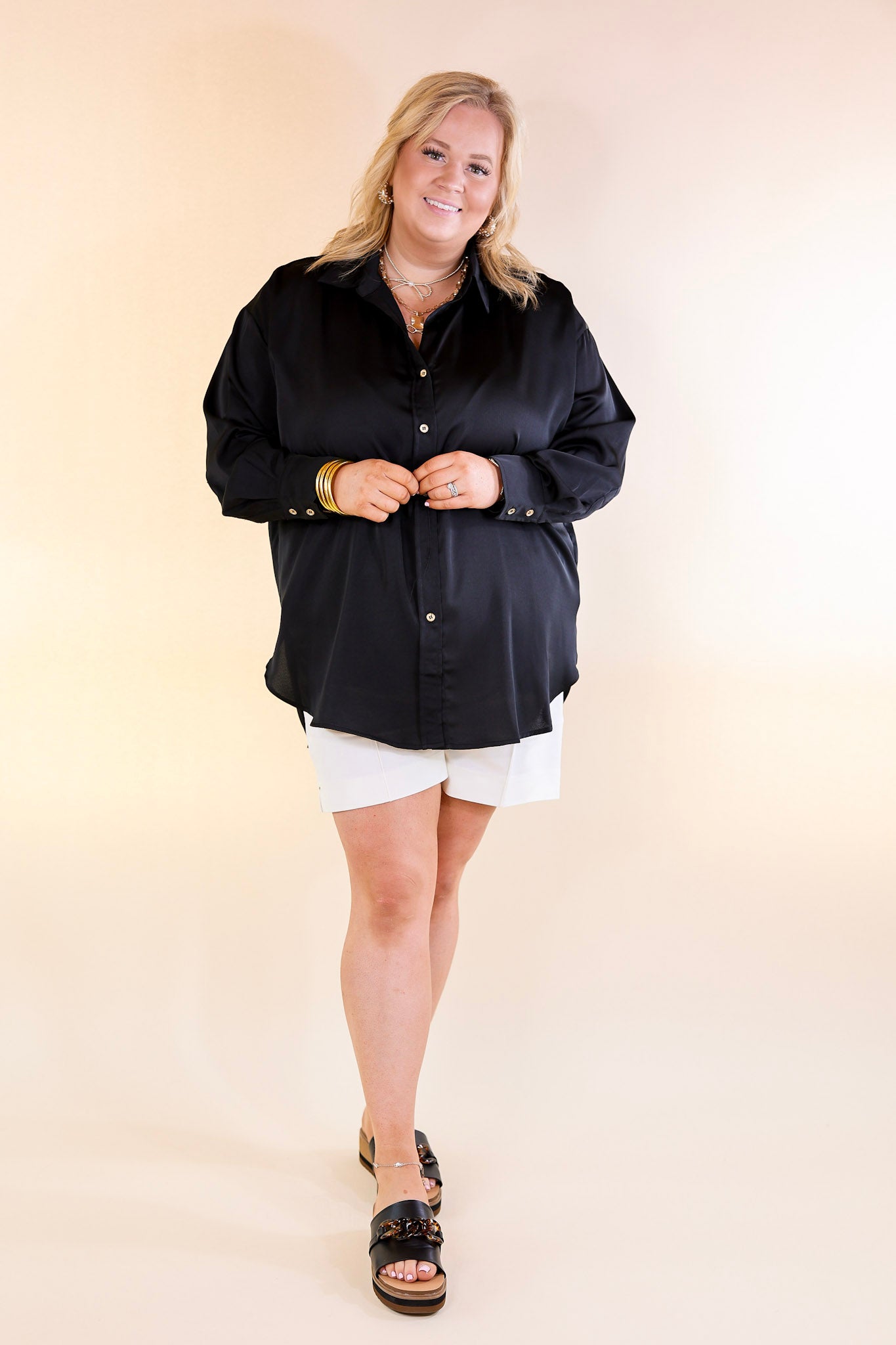 Tell Me Something Good Long Sleeve Button Up Top in Black