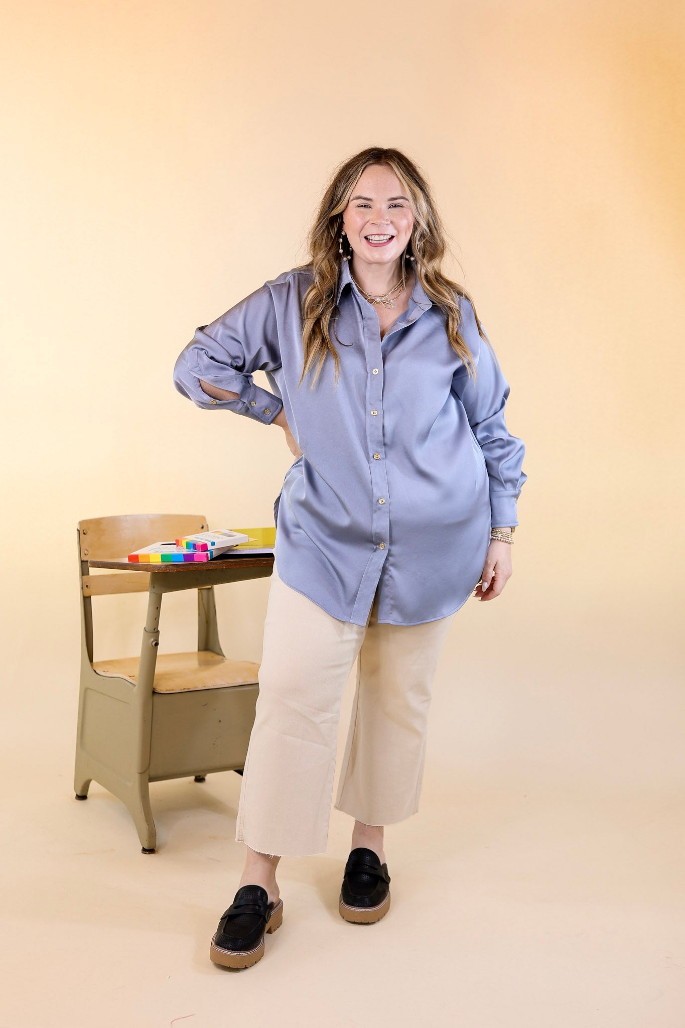 Tell Me Something Good Long Sleeve Button Up Top in Dusty Blue