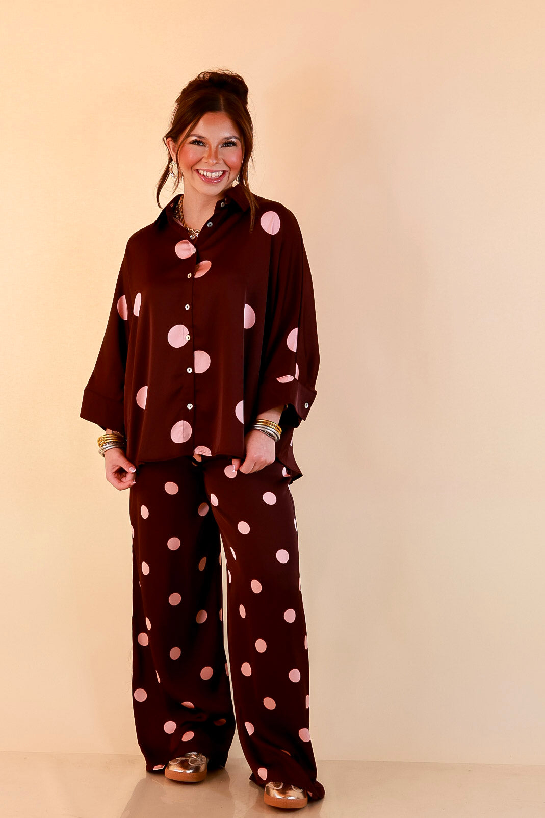 Two of a Kind Full Length Wide Leg Pull-On Drawstring Blush Pink Polka Dot Pants in Maroon