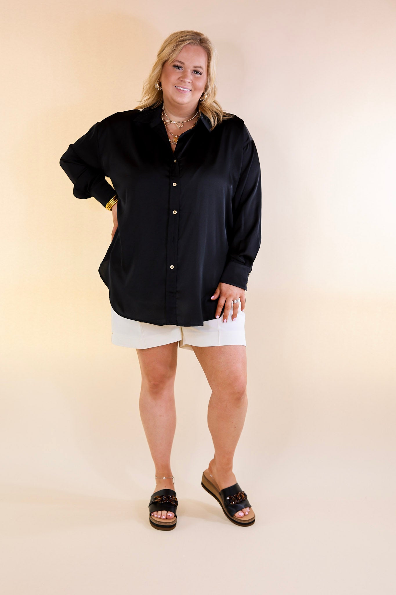 Tell Me Something Good Long Sleeve Button Up Top in Black