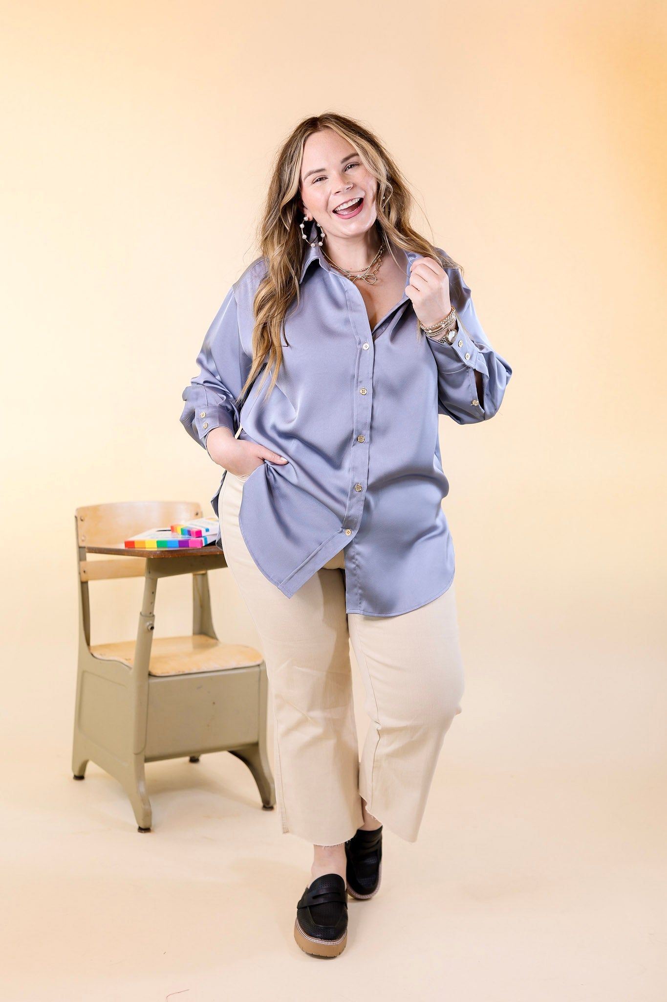 Tell Me Something Good Long Sleeve Button Up Top in Dusty Blue