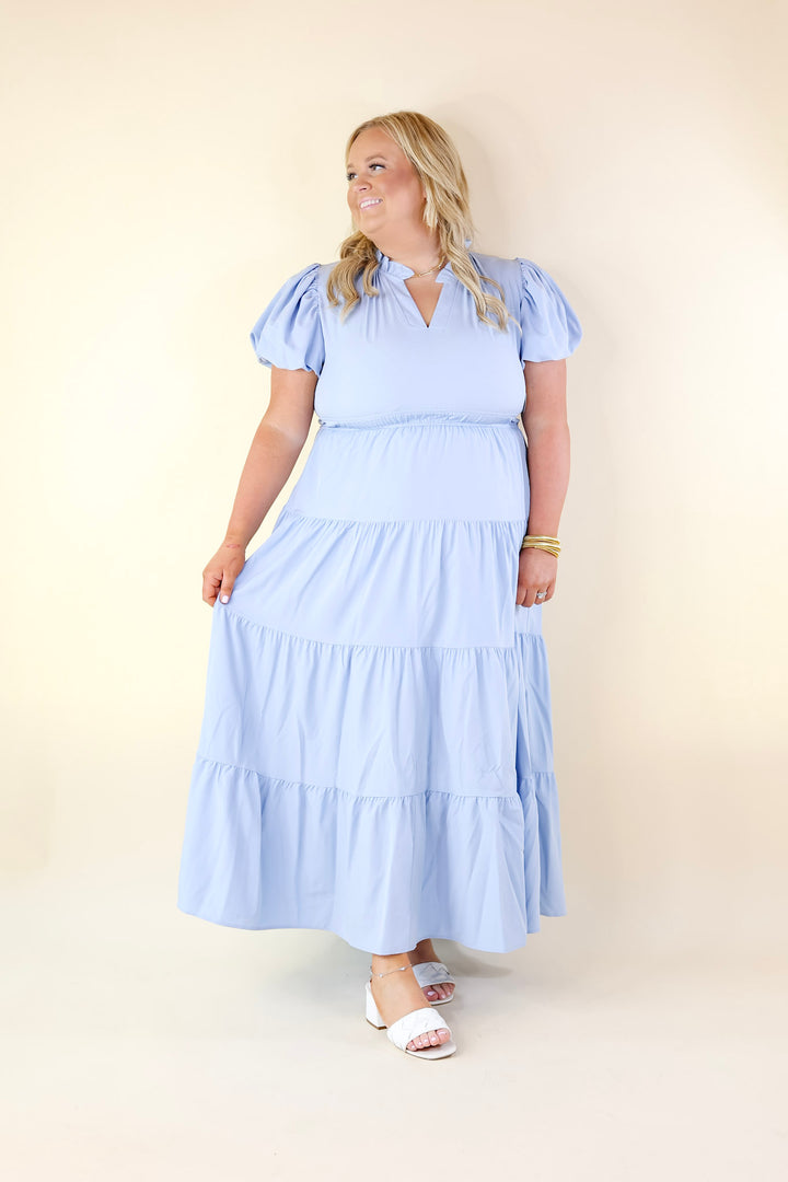 Table for Two Tiered Maxi Dress with Puff Sleeves in Chambray Blue - Giddy Up Glamour Boutique