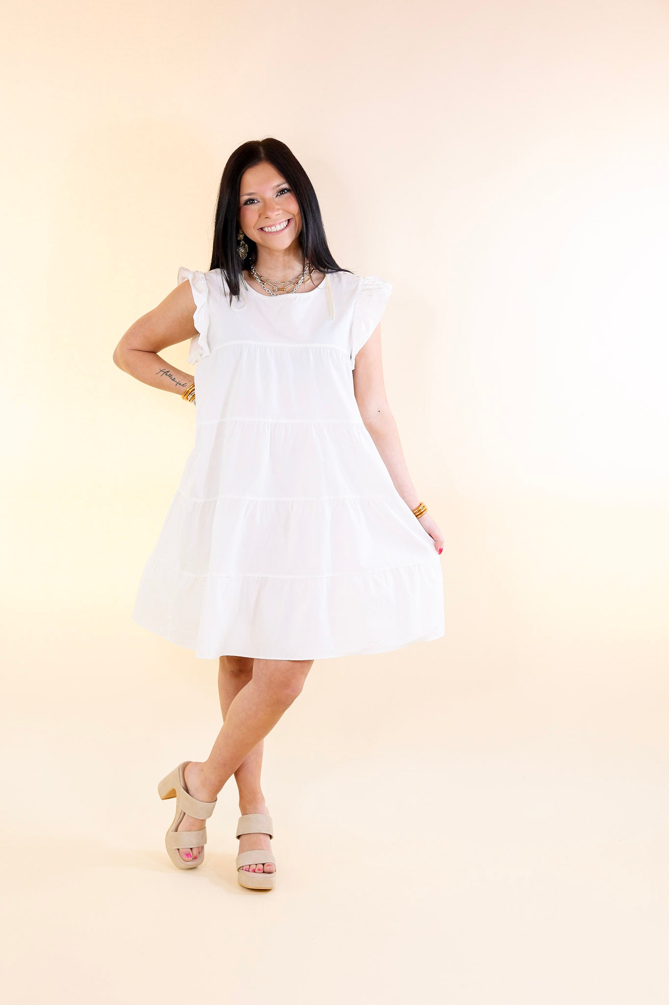 Choose Confidence Ruffle Cap Sleeve Tiered Dress in White