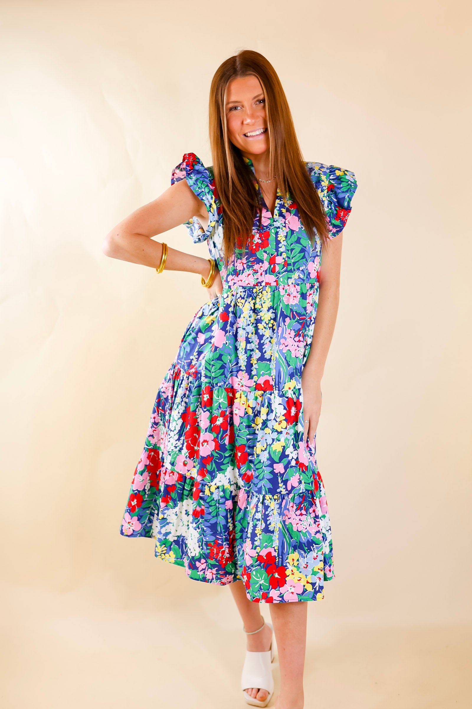 Magnolia Morning Floral Ruffle Cap Sleeve Tiered Midi Dress in Blue - Giddy Up Glamour Boutique