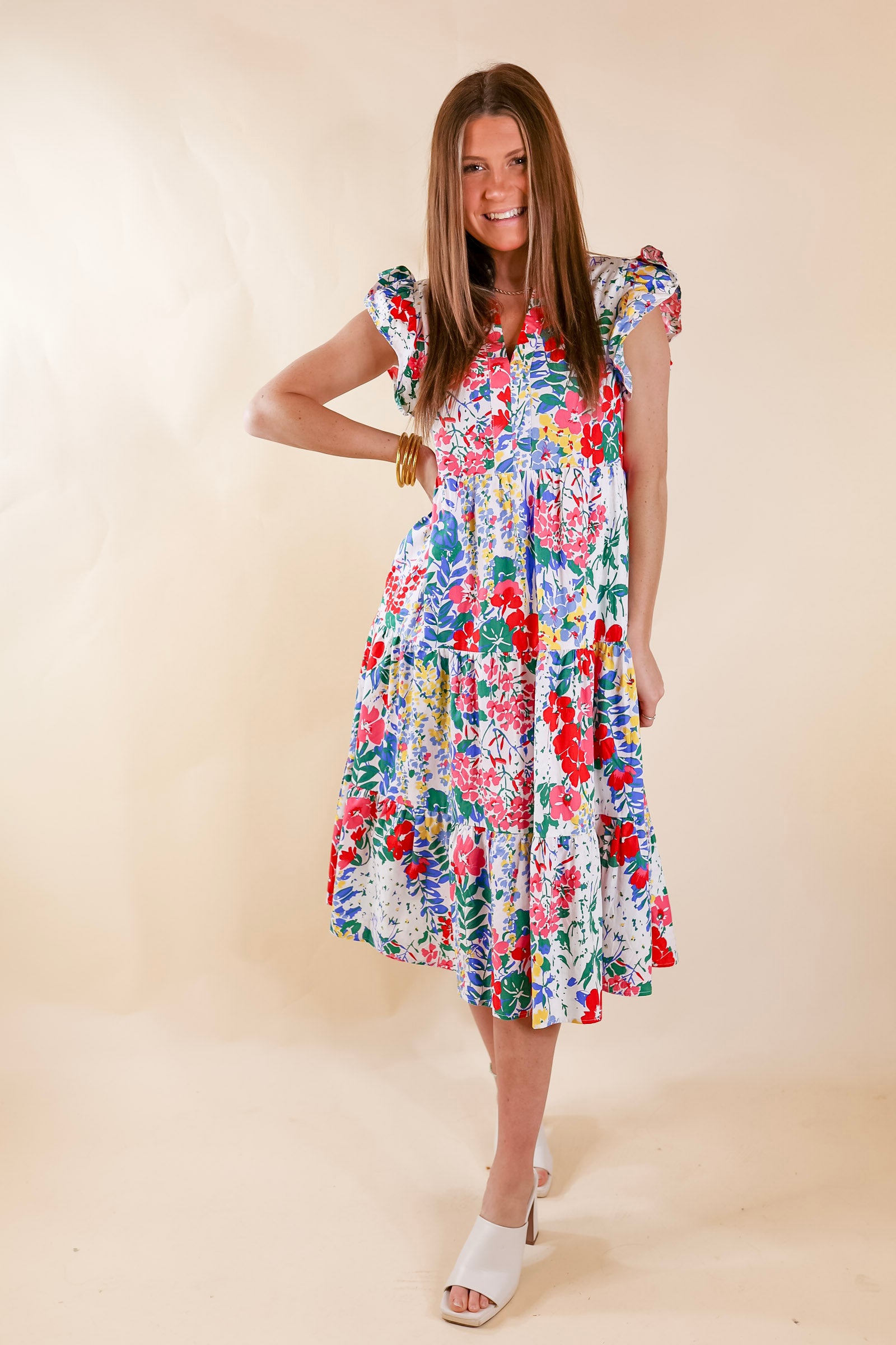 Magnolia Morning Floral Ruffle Cap Sleeve Tiered Midi Dress in White - Giddy Up Glamour Boutique