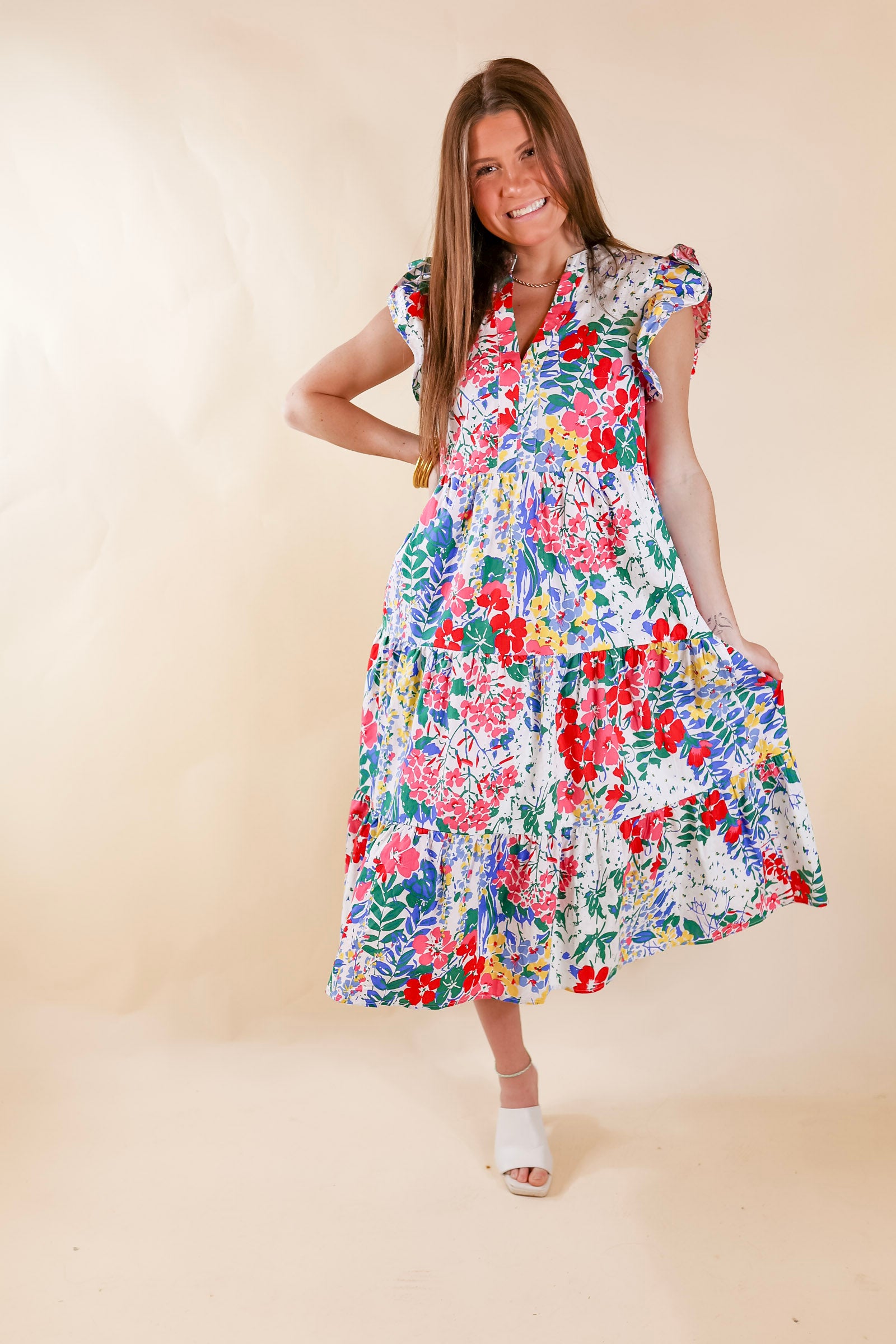 Magnolia Morning Floral Ruffle Cap Sleeve Tiered Midi Dress in White - Giddy Up Glamour Boutique