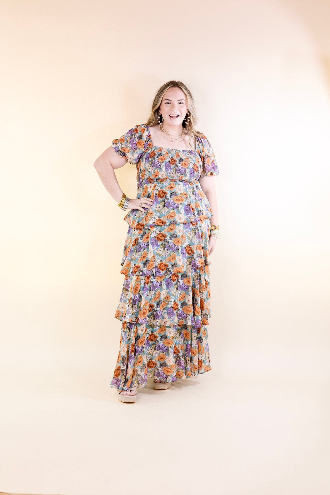 Fun Feeling Floral Tiered Maxi Dress with Smocked Balloon Sleeves in Blue Mix