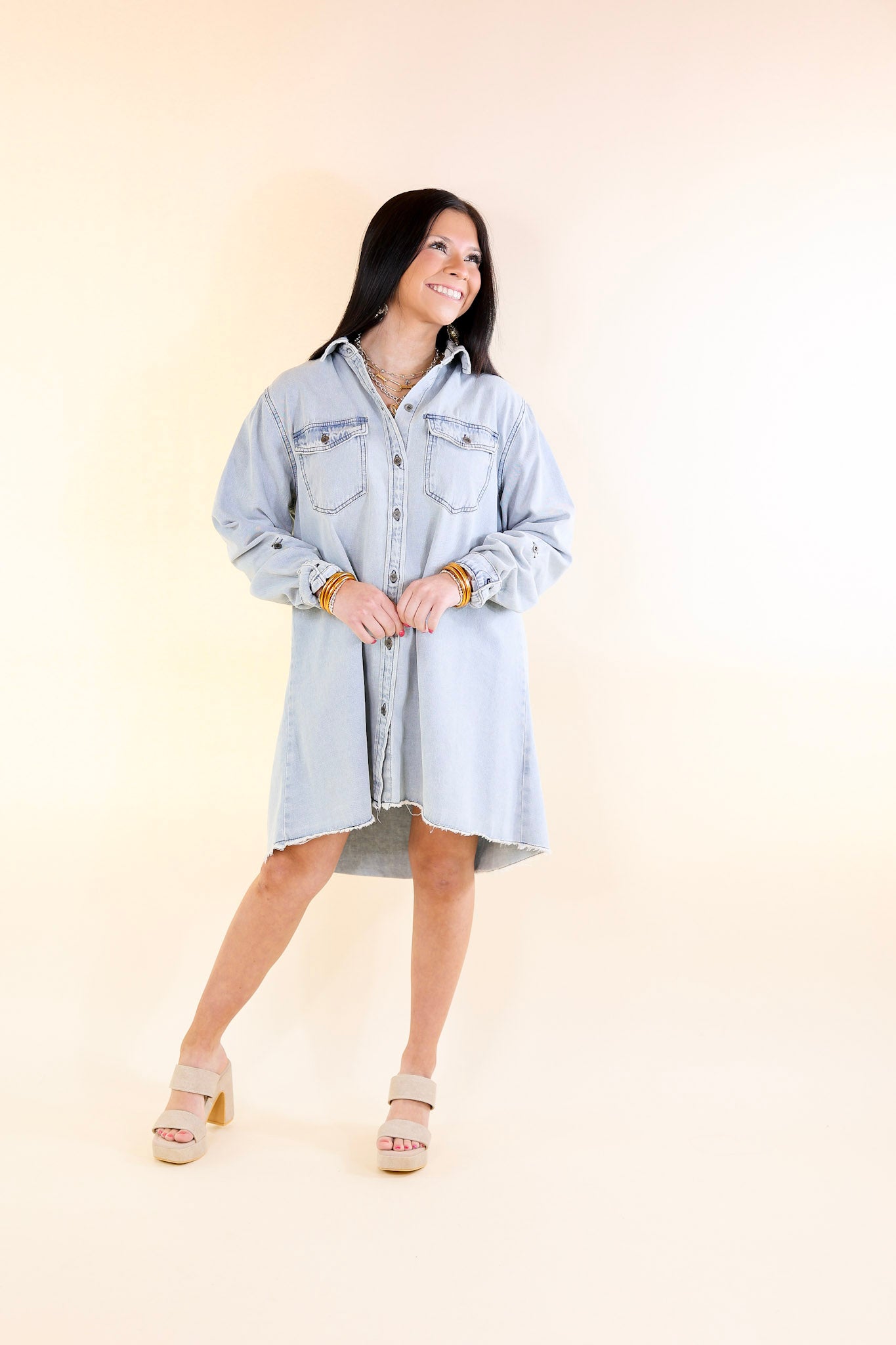 Patio Date Button Up Long Sleeve Denim Dress in Light Wash