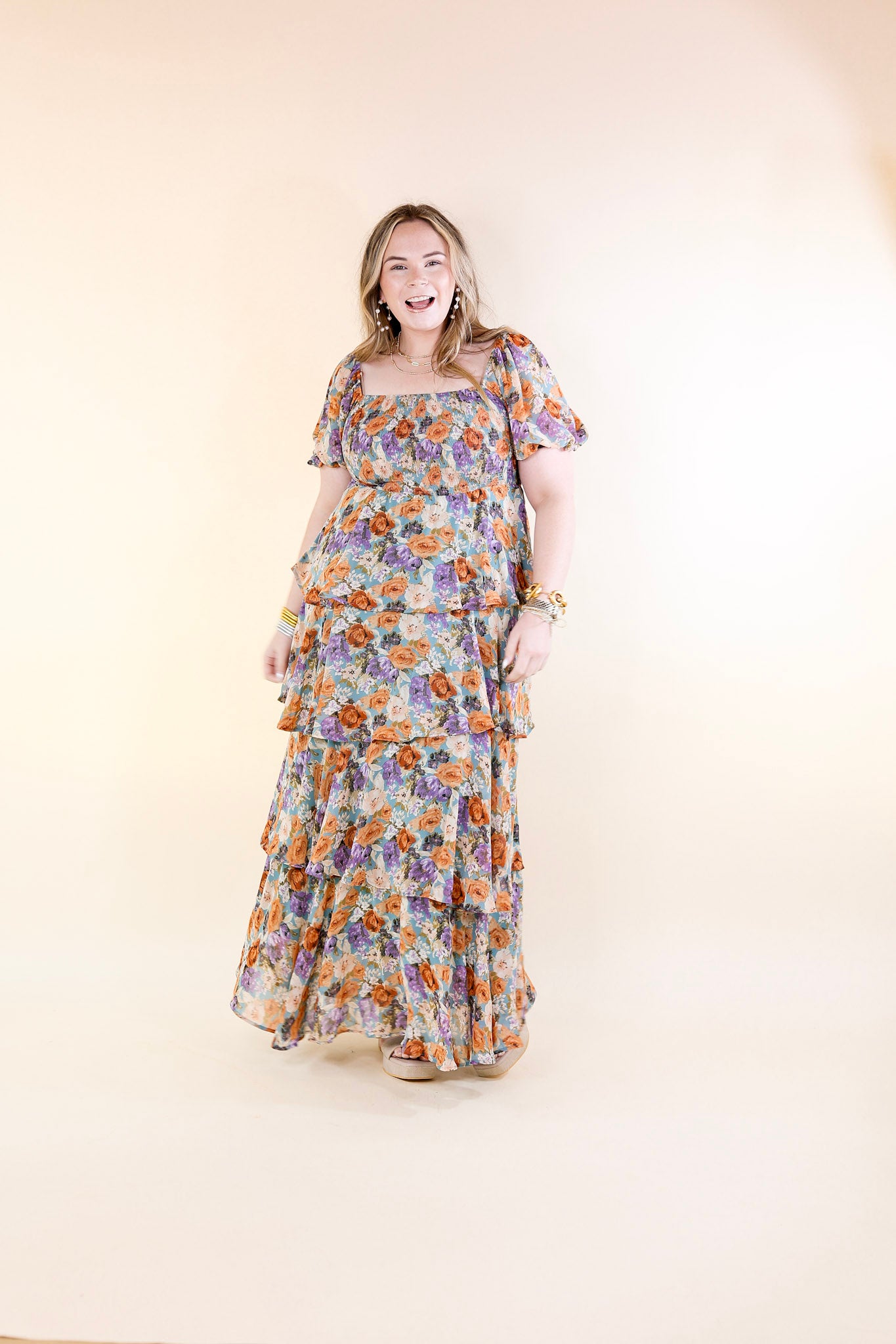 Fun Feeling Floral Tiered Maxi Dress with Smocked Balloon Sleeves in Blue Mix