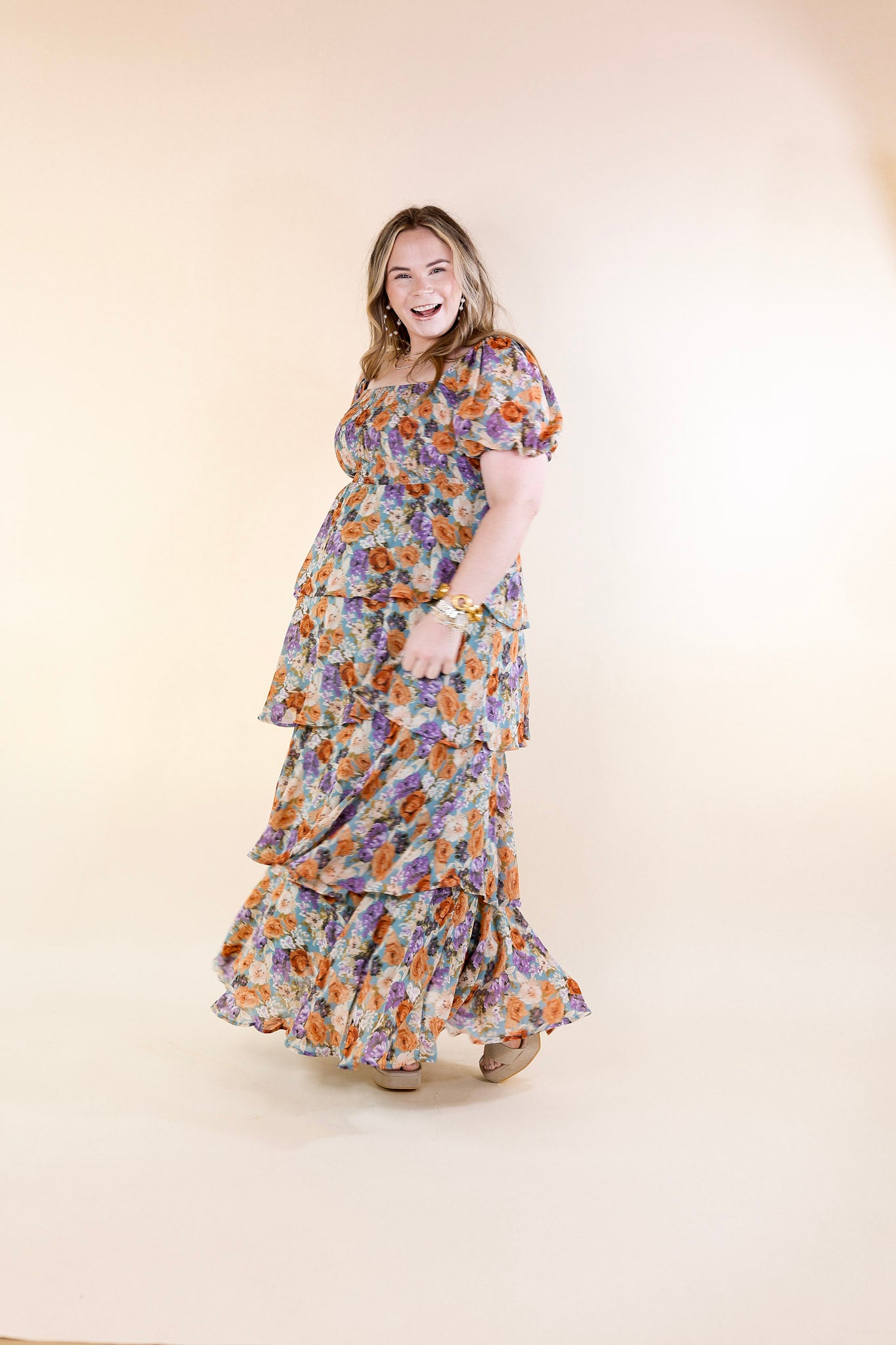 Fun Feeling Floral Tiered Maxi Dress with Smocked Balloon Sleeves in Blue Mix