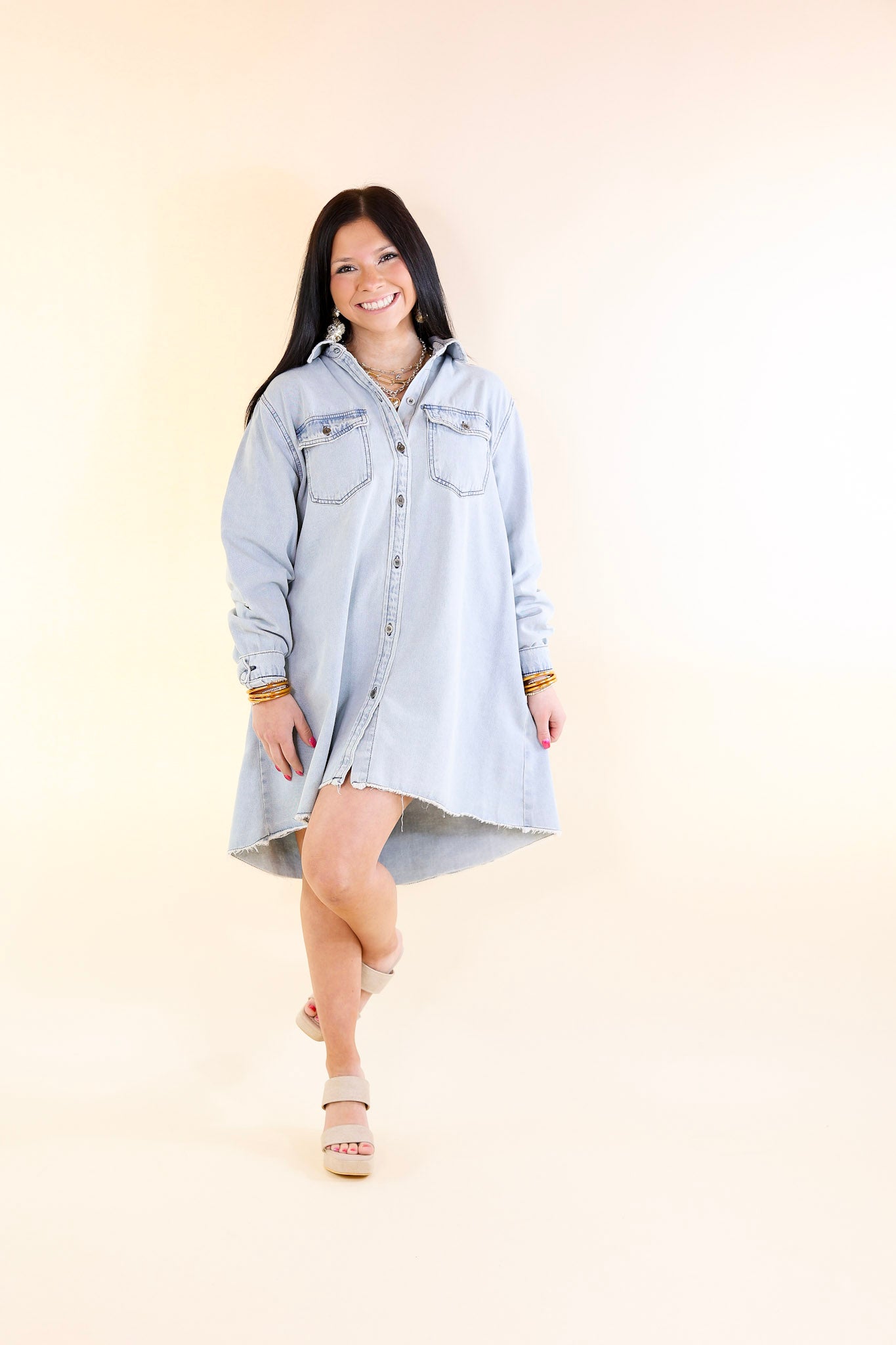 Patio Date Button Up Long Sleeve Denim Dress in Light Wash