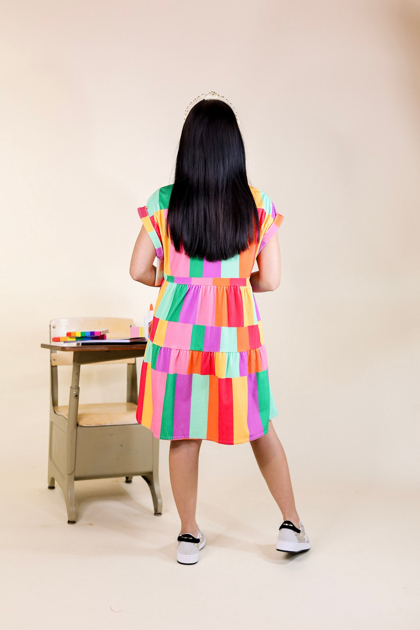 Appreciate You Color Block Corduroy Button Up Dress in Multi