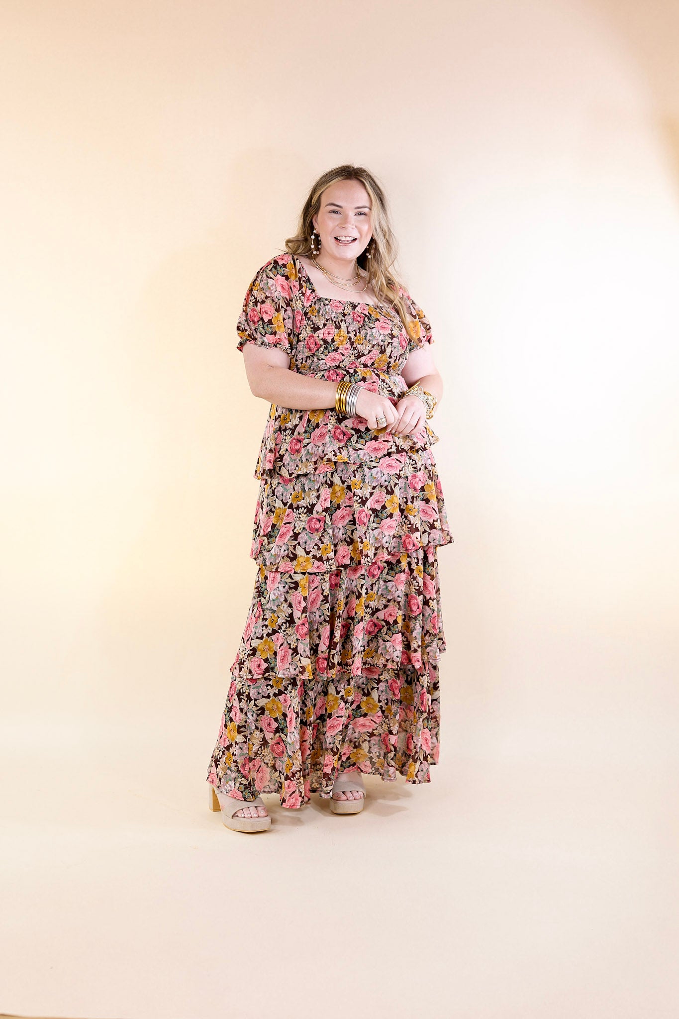 Fun Feeling Floral Tiered Maxi Dress with Smocked Balloon Sleeves in Brown Mix