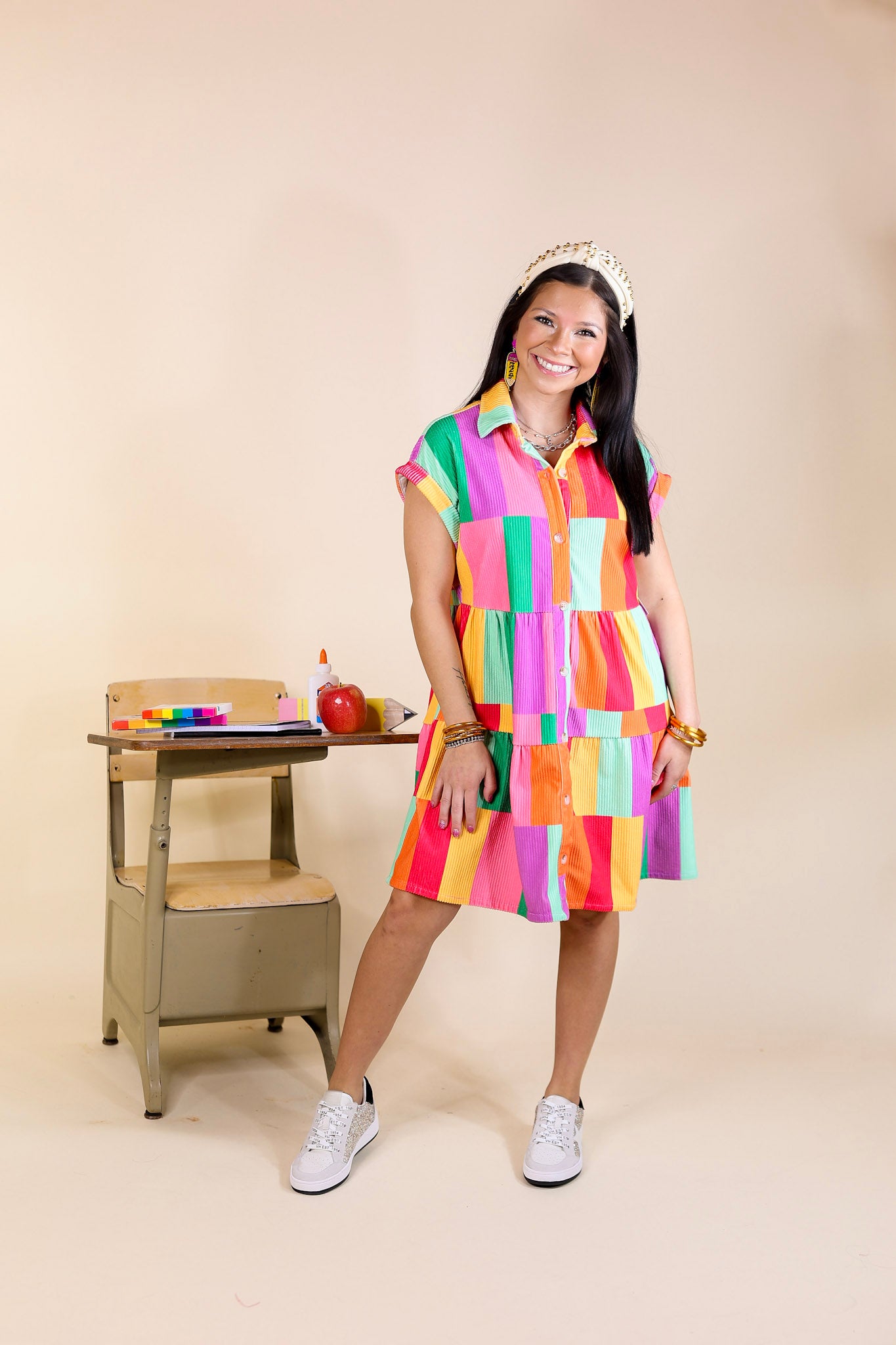 Appreciate You Color Block Corduroy Button Up Dress in Multi