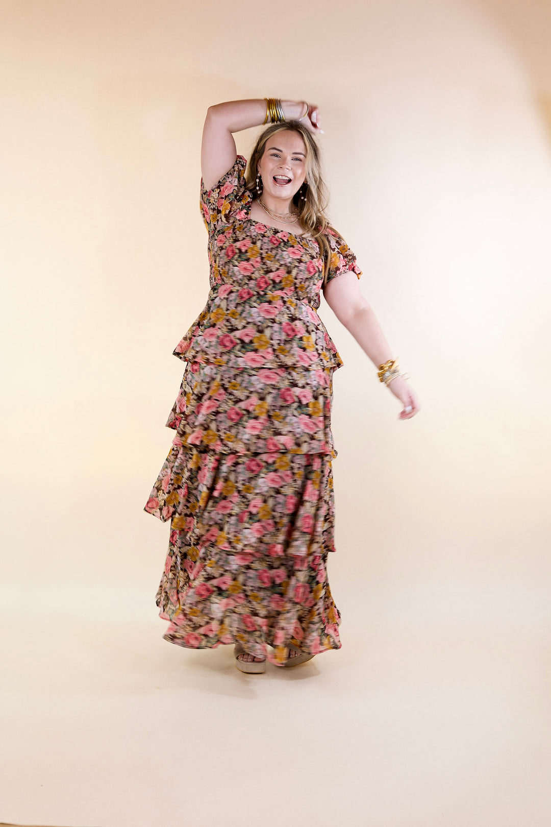 Fun Feeling Floral Tiered Maxi Dress with Smocked Balloon Sleeves in Brown Mix