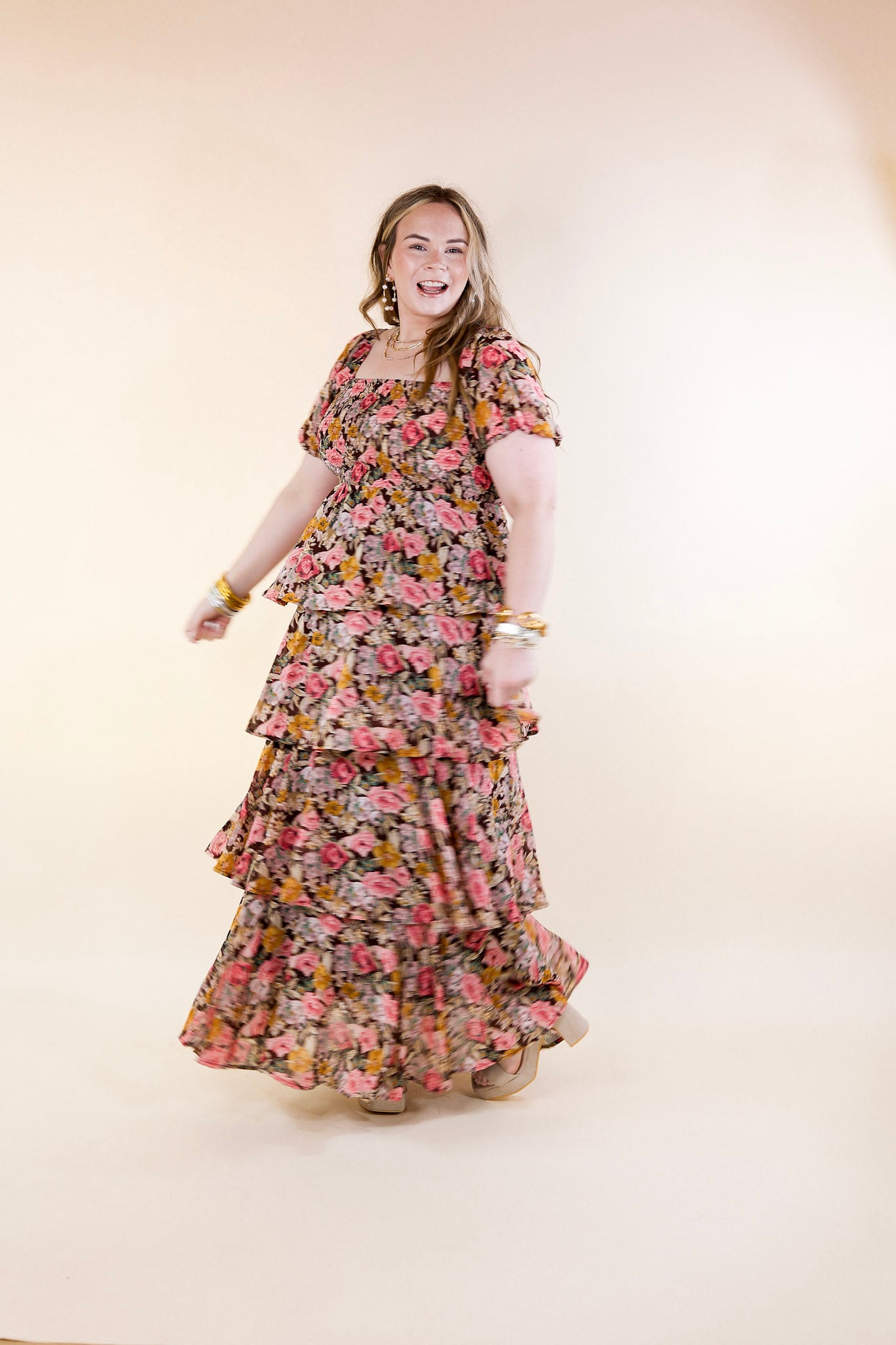 Fun Feeling Floral Tiered Maxi Dress with Smocked Balloon Sleeves in Brown Mix