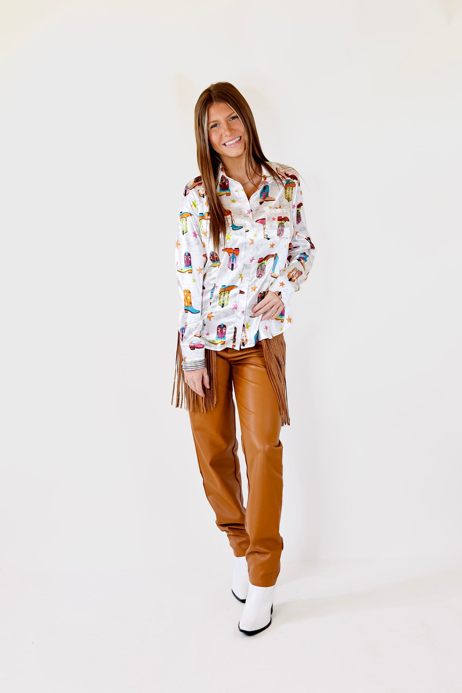 Get 'Em Girl Cowboy Boot Print Button Up Long Sleeve Top in White - Giddy Up Glamour Boutique