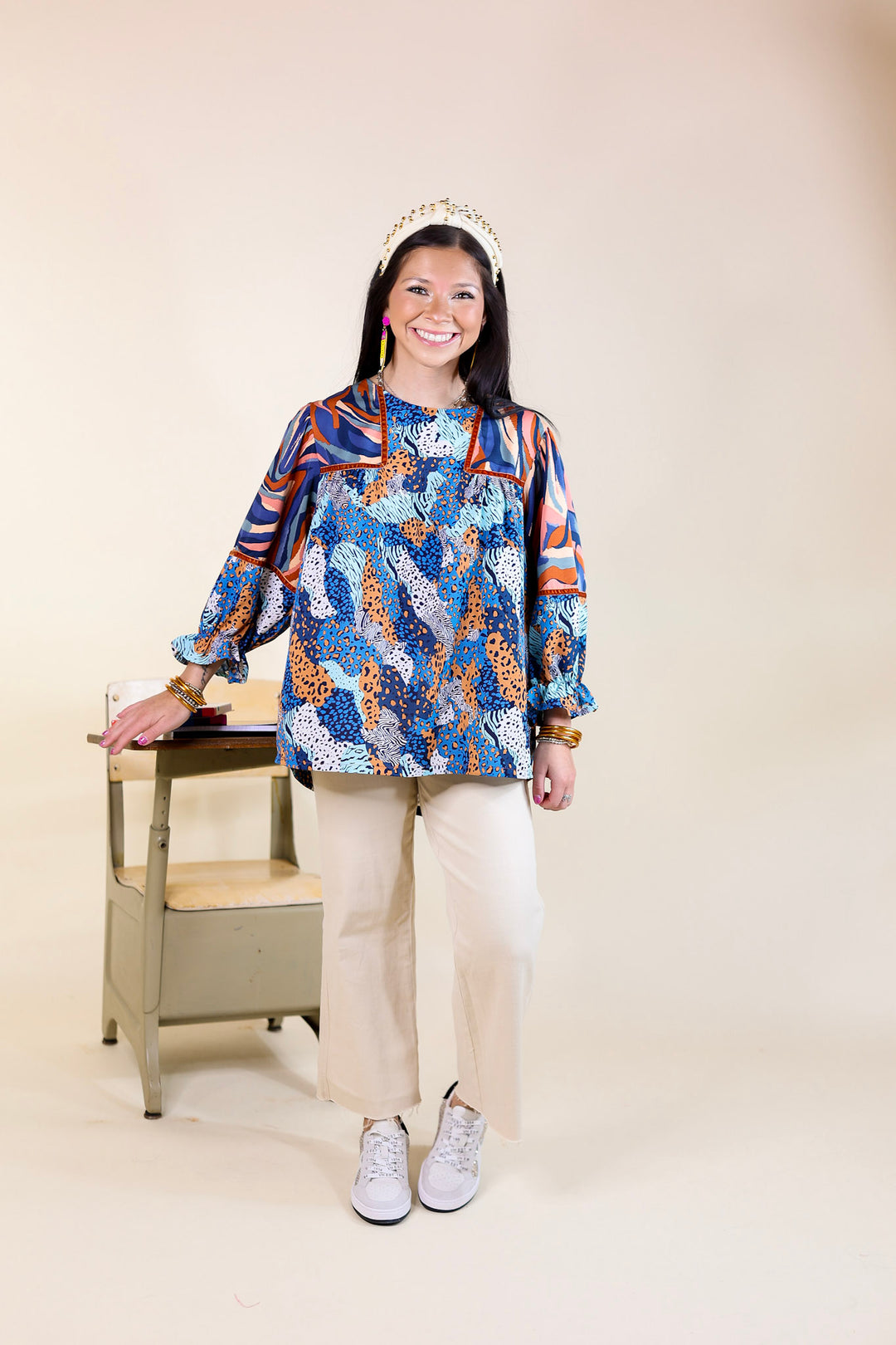 Last Chance Size Small | Unapologetically Unique Cheetah and Paintbrush Pattern Top In Blue Mix