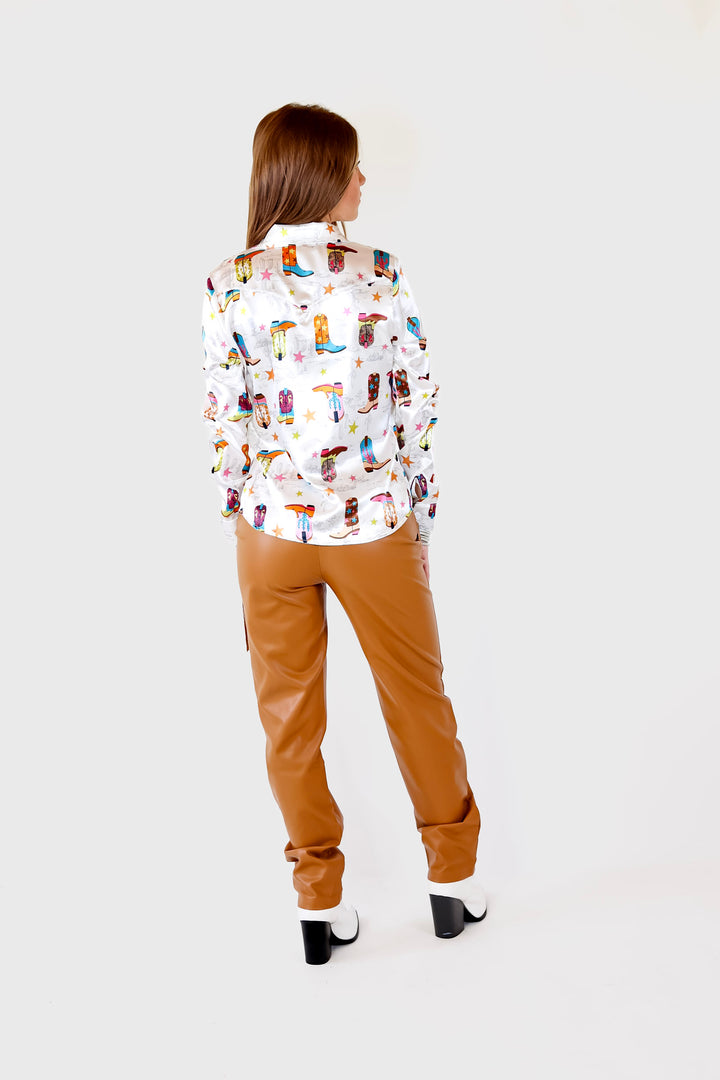 Get 'Em Girl Cowboy Boot Print Button Up Long Sleeve Top in White - Giddy Up Glamour Boutique
