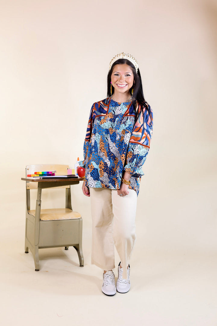 Last Chance Size Small | Unapologetically Unique Cheetah and Paintbrush Pattern Top In Blue Mix