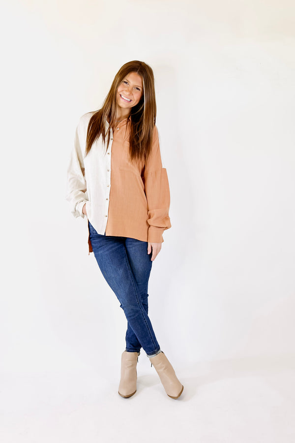 Follow Me Long Sleeve Button Up Color Block Top in Terracotta