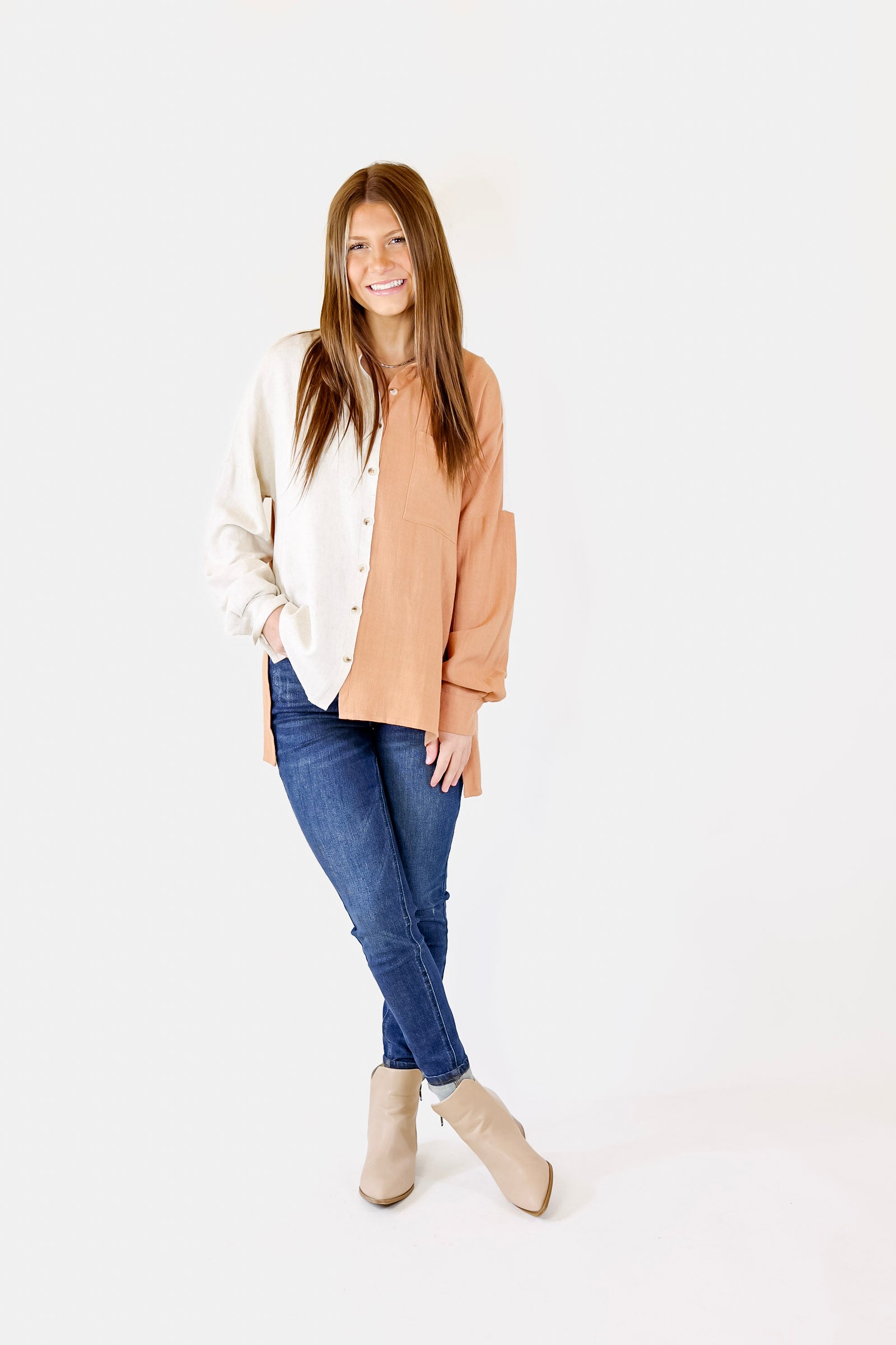 Follow Me Long Sleeve Button Up Color Block Top in Terracotta - Giddy Up Glamour Boutique